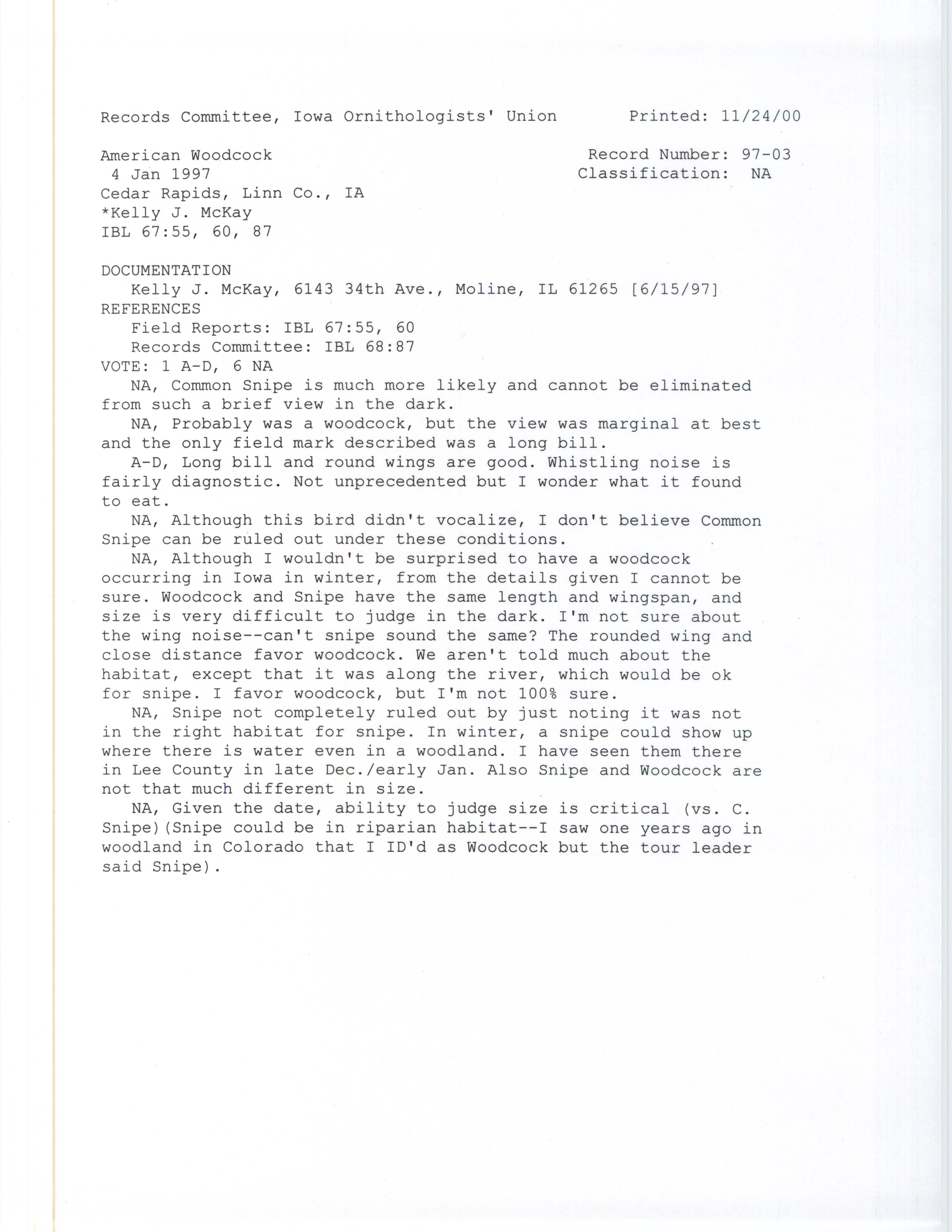 Records Committee review for rare bird sighting of American Woodcock at Cedar Rapids, 1997