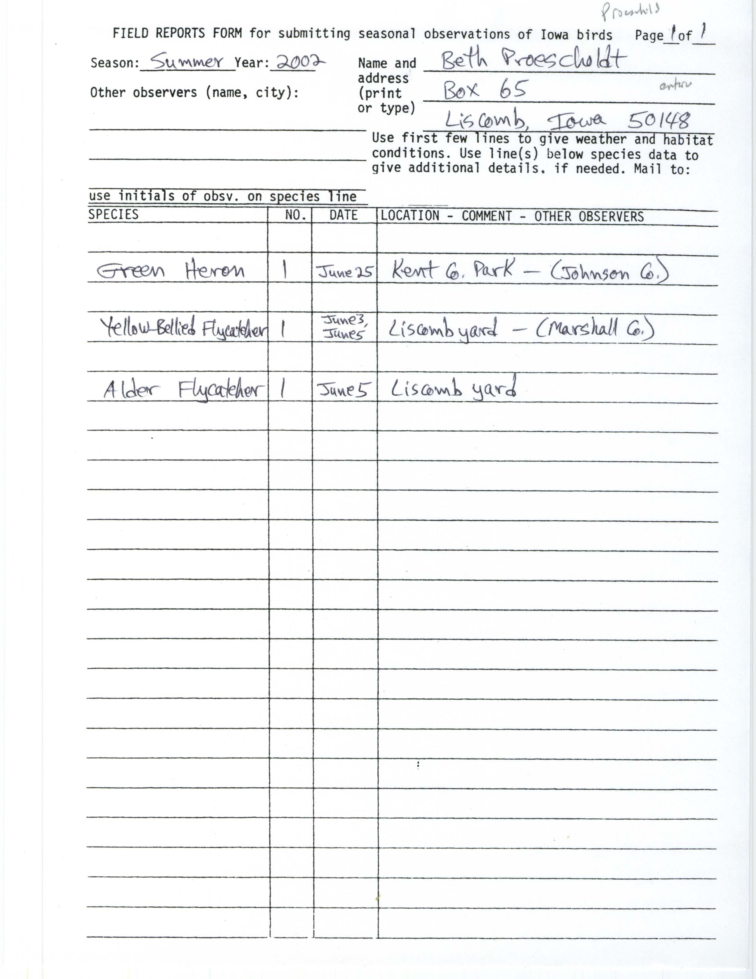 Field reports form for submitting seasonal observations of Iowa birds, Beth Proescholdt, summer 2002