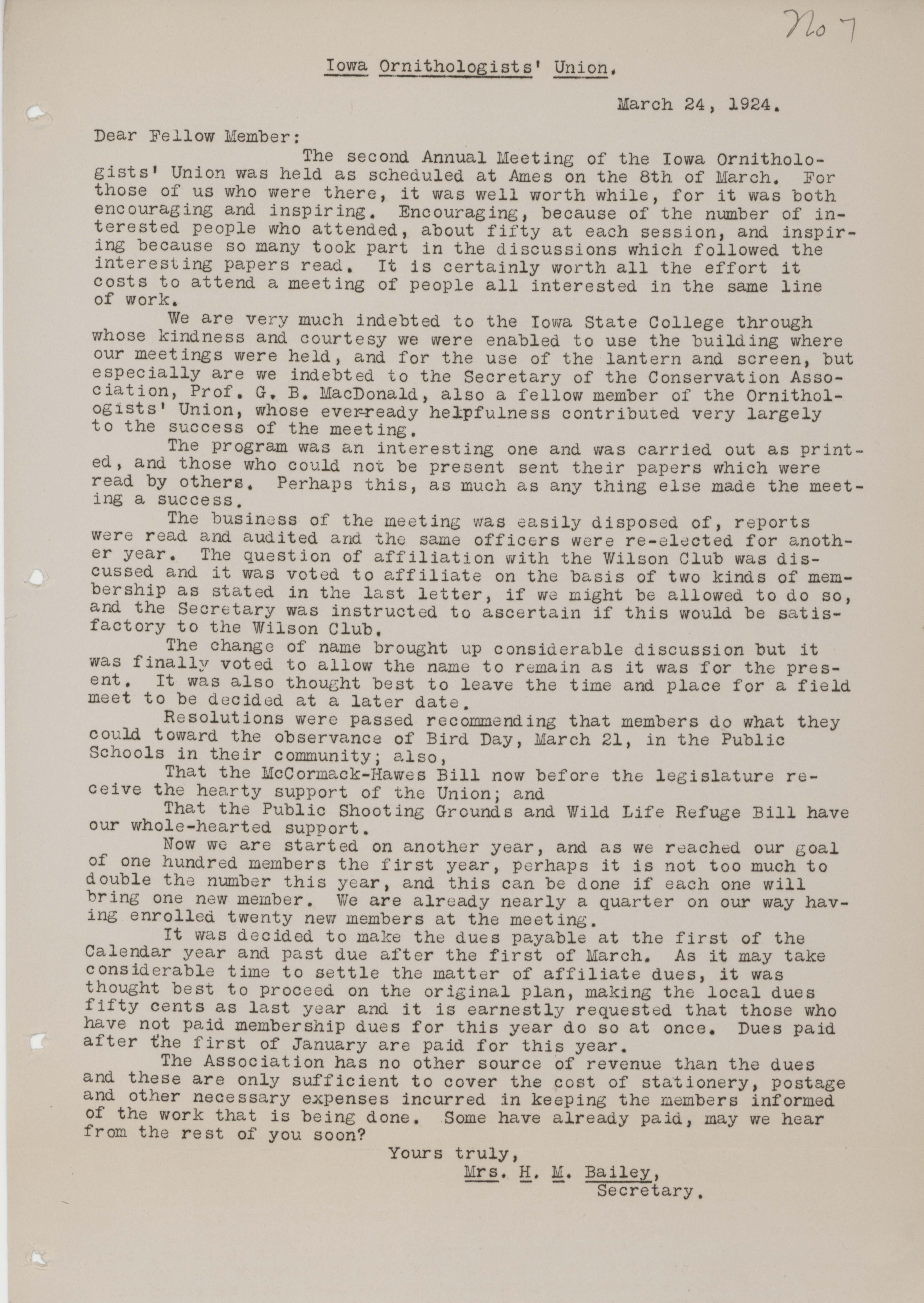 Letter to members of the Iowa Ornithologists' Union regarding the second annual meeting, March 24, 1924