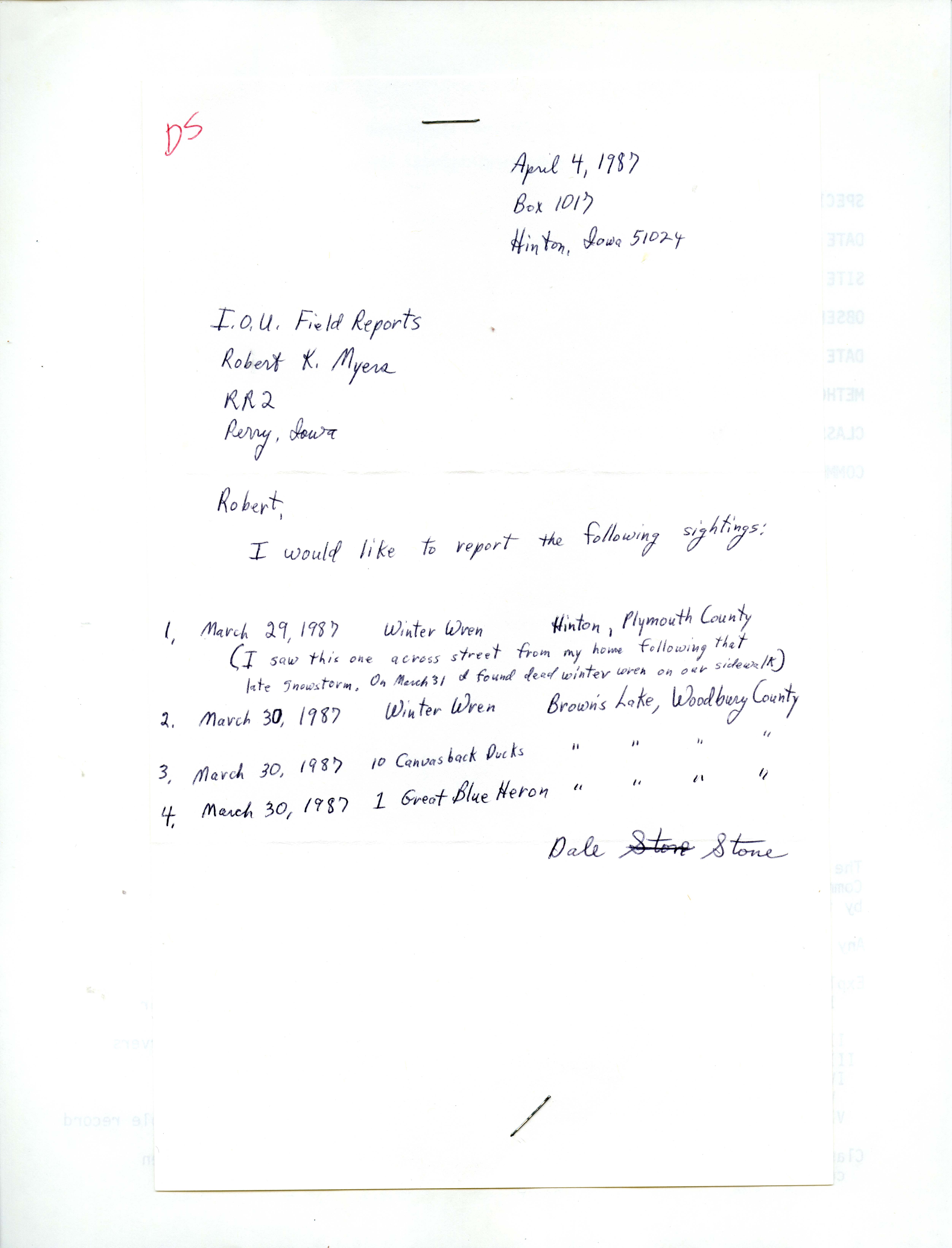 Dale Stone letter to Robert K. Myers regarding bird sightings, April 4, 1987