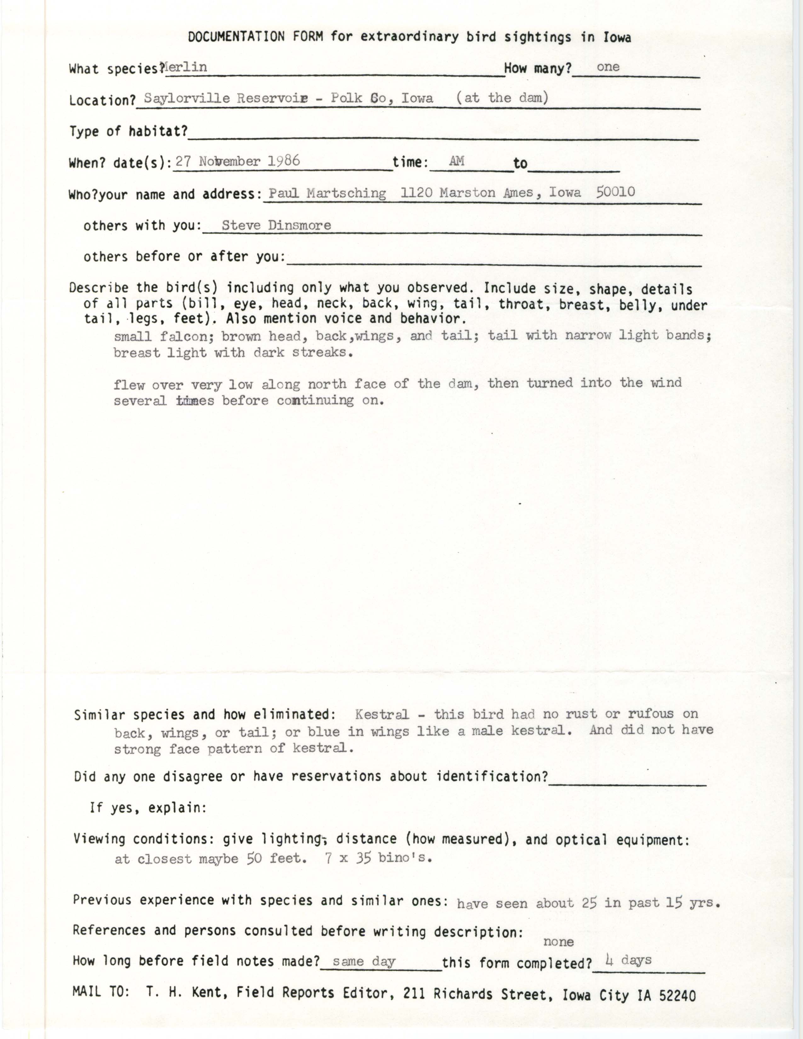 Rare bird documentation form for Merlin at Saylorville Reservoir, 1986