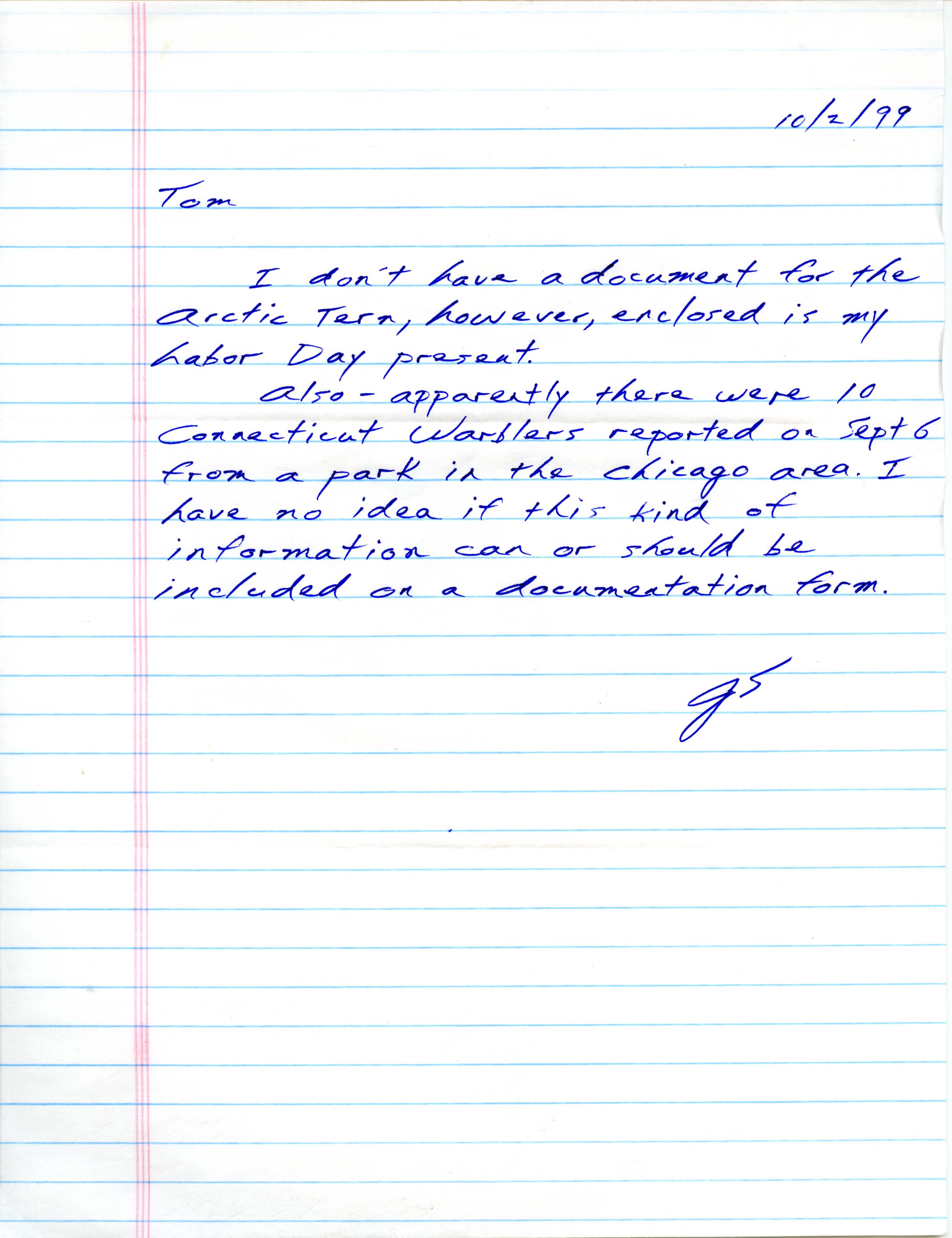 Jim Sinclair letter to Thomas Kent regarding bird documentation, October 2, 1999