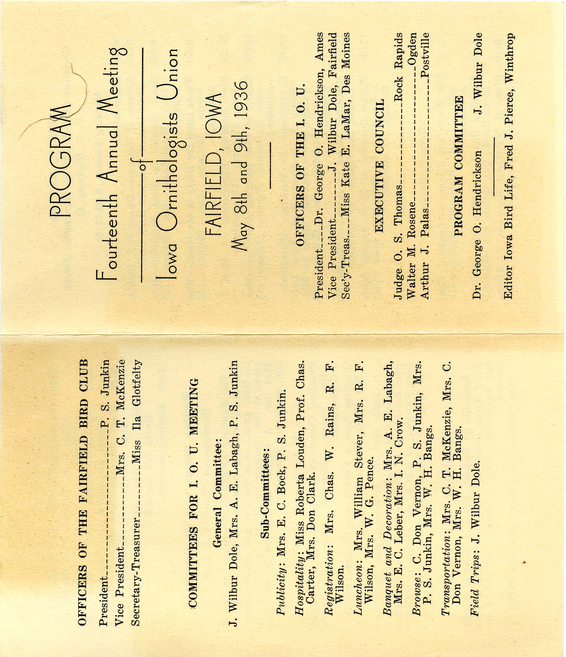 Program Fourteenth Annual Meeting of Iowa Ornithologists' Union, May 8-9, 1936