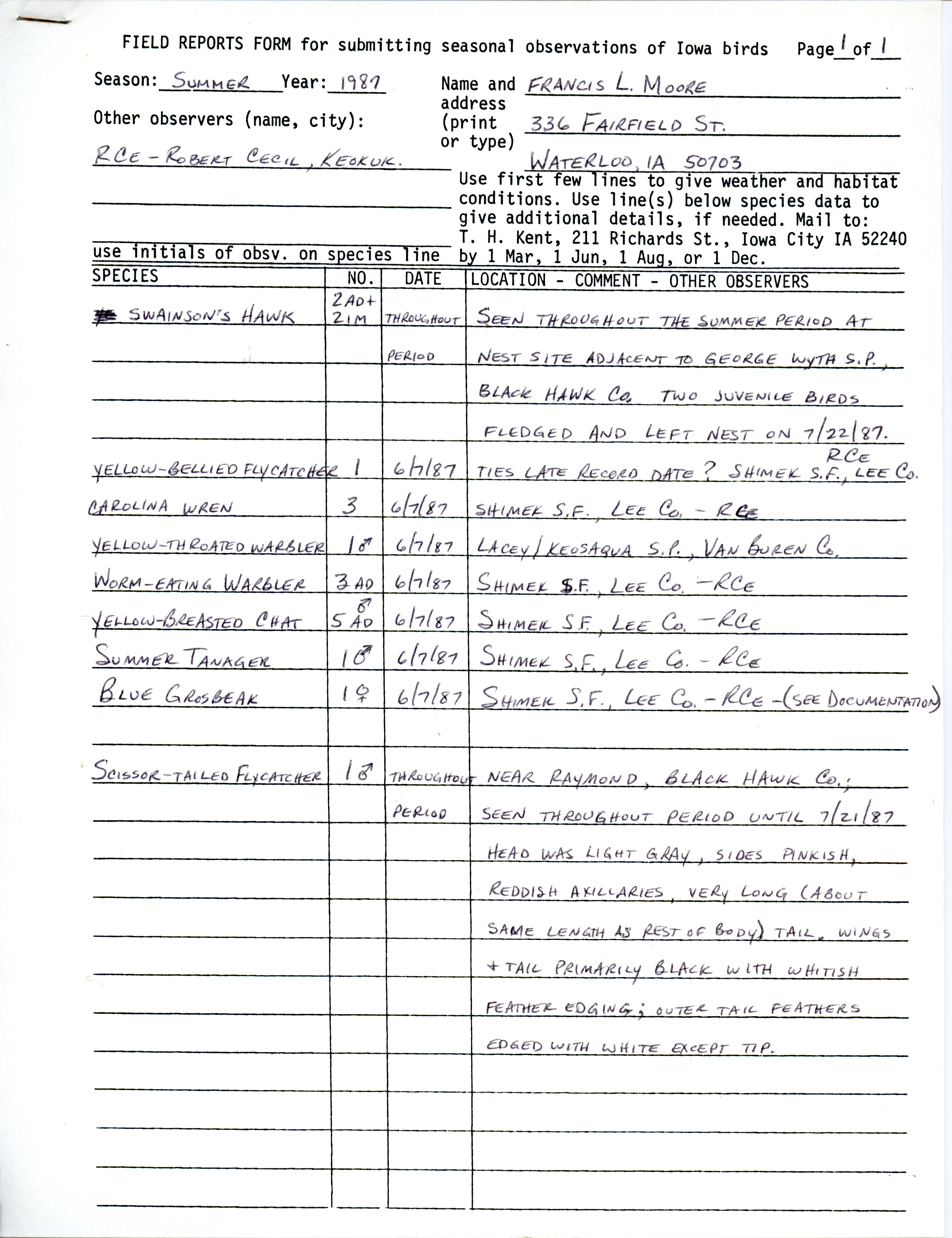Field reports form for submitting seasonal observations of Iowa birds, Francis L. Moore, summer 1987