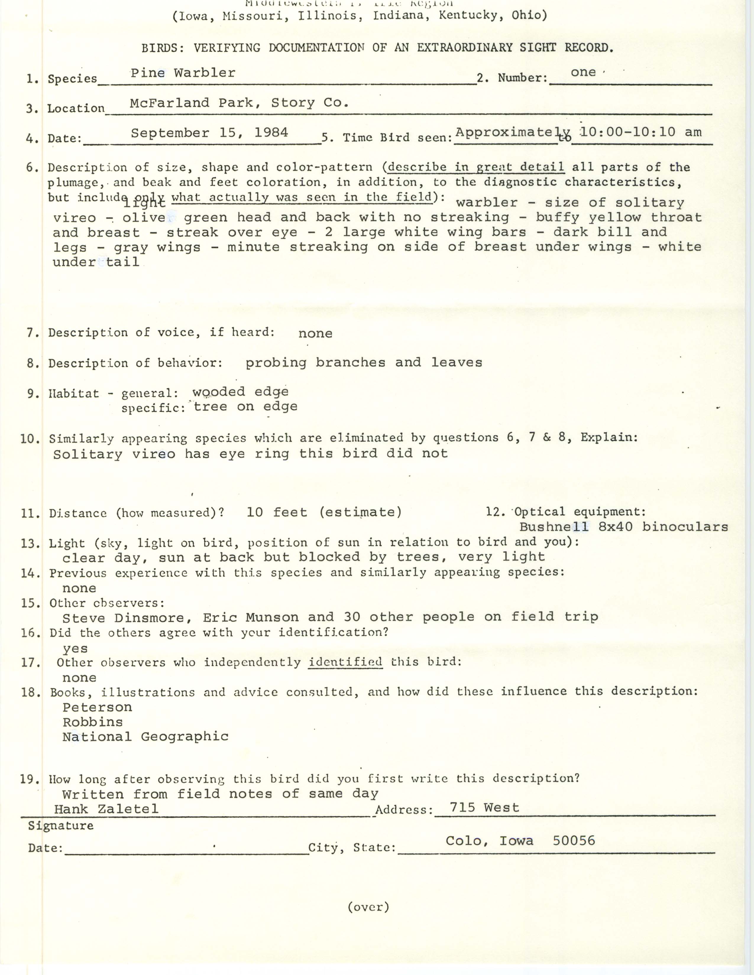 Rare bird documentation form for Pine Warbler at McFarland Lake Park in Story County, 1984