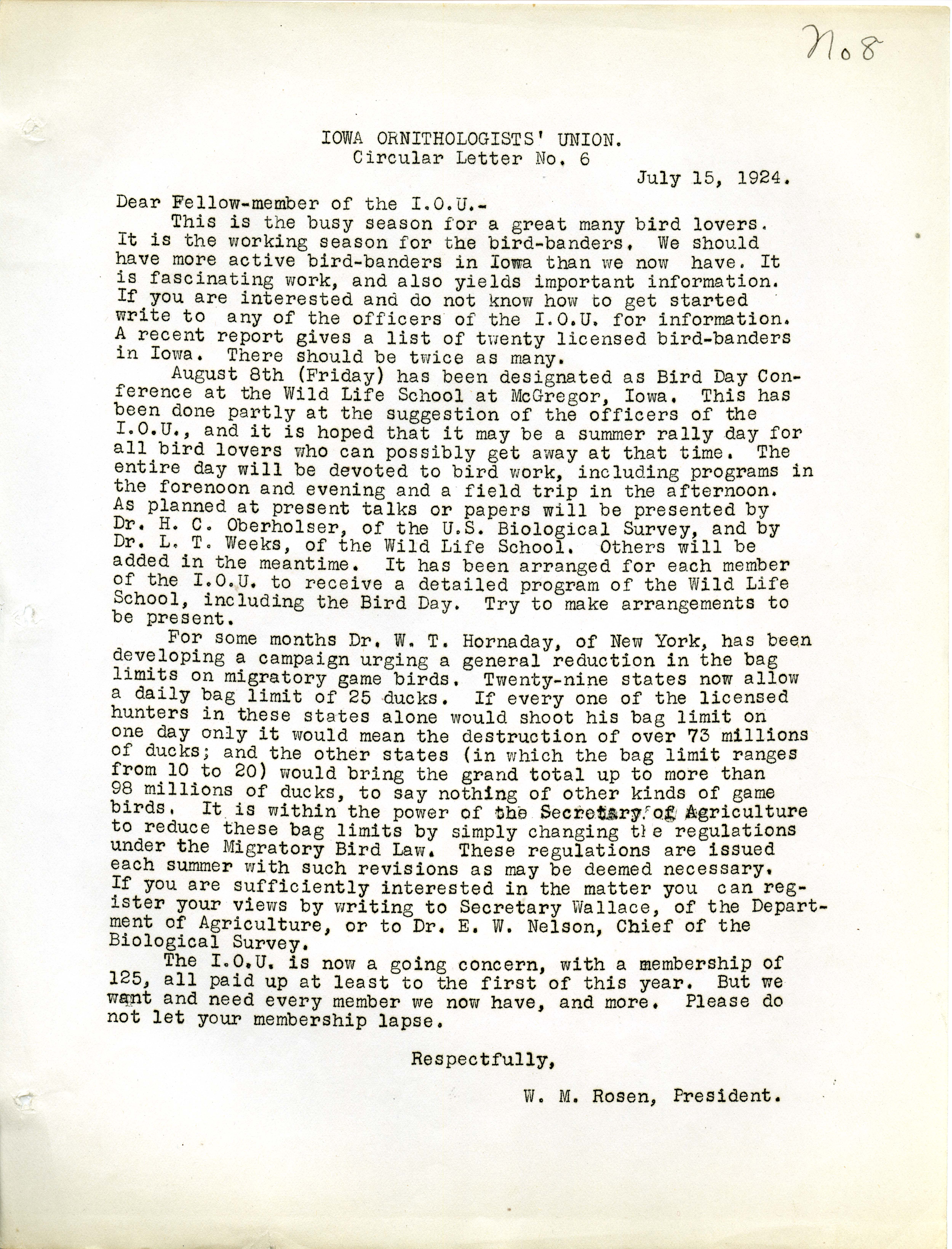Letter to members of the Iowa Ornithologists' Union regarding upcoming activities for bird lovers, July 15, 1924