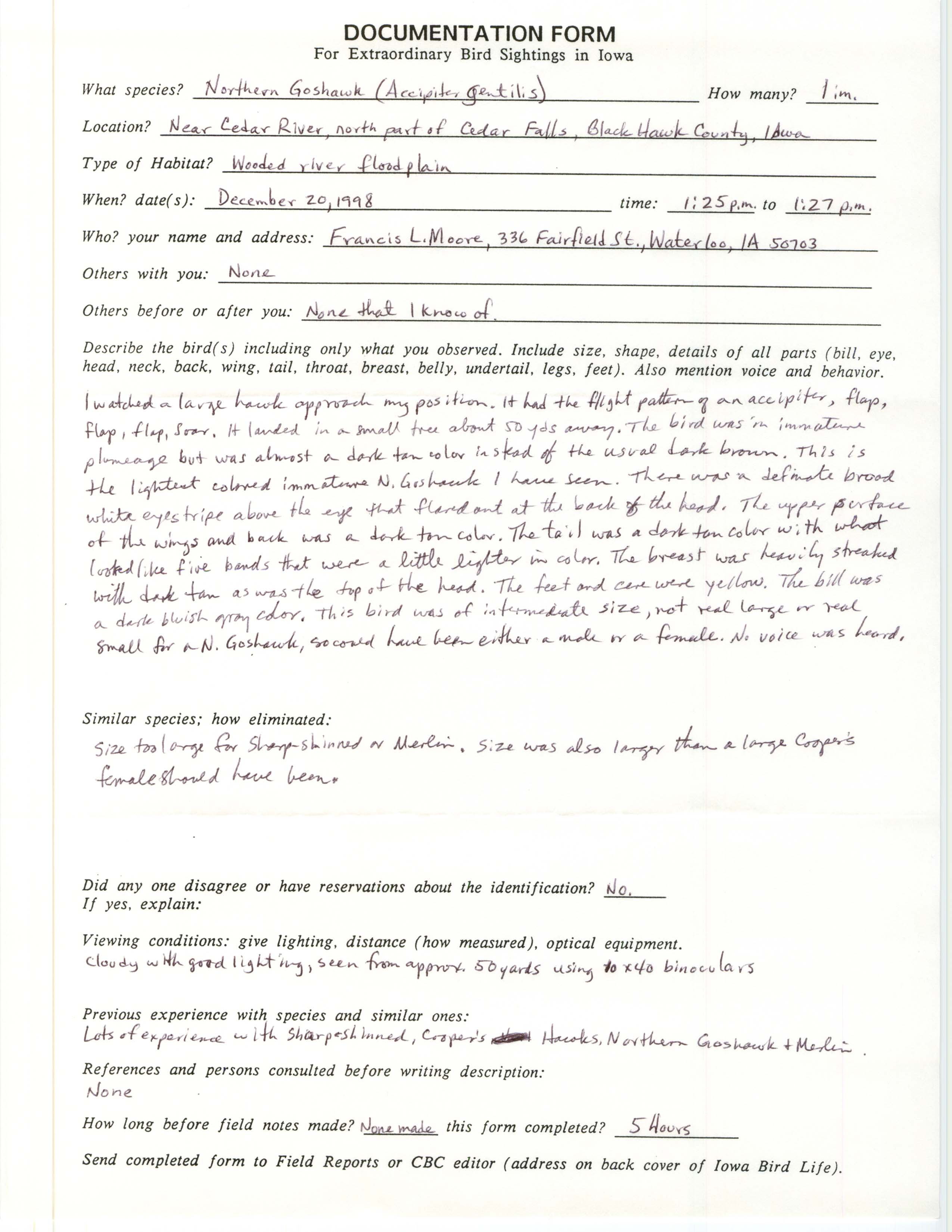 Rare bird documentation form for Northern Goshawk at Cedar Falls, 1998
