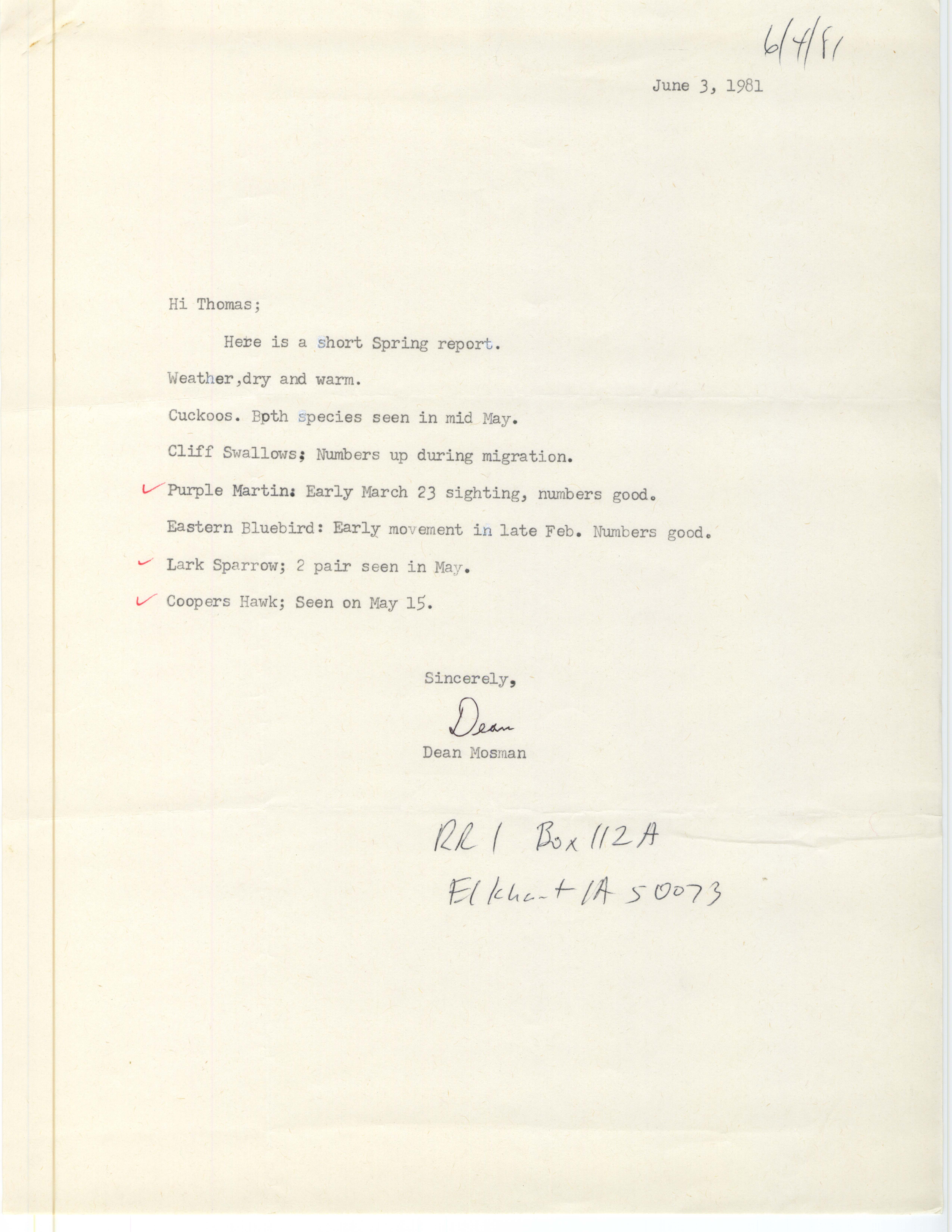 Dean Mosman letter to Thomas Kent regarding spring report, June 3, 1981