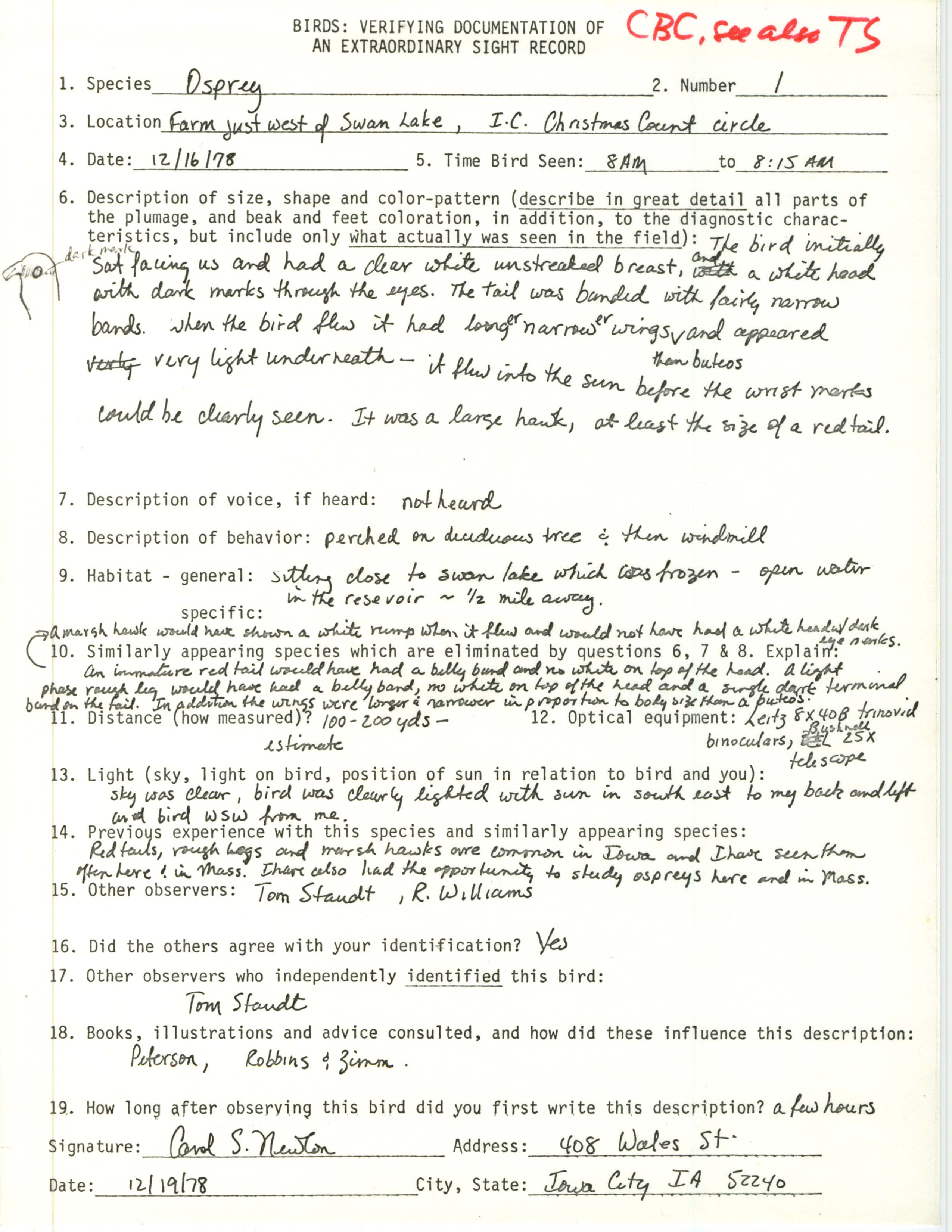 Rare bird documentation form for Osprey at Swan Lake, 1978