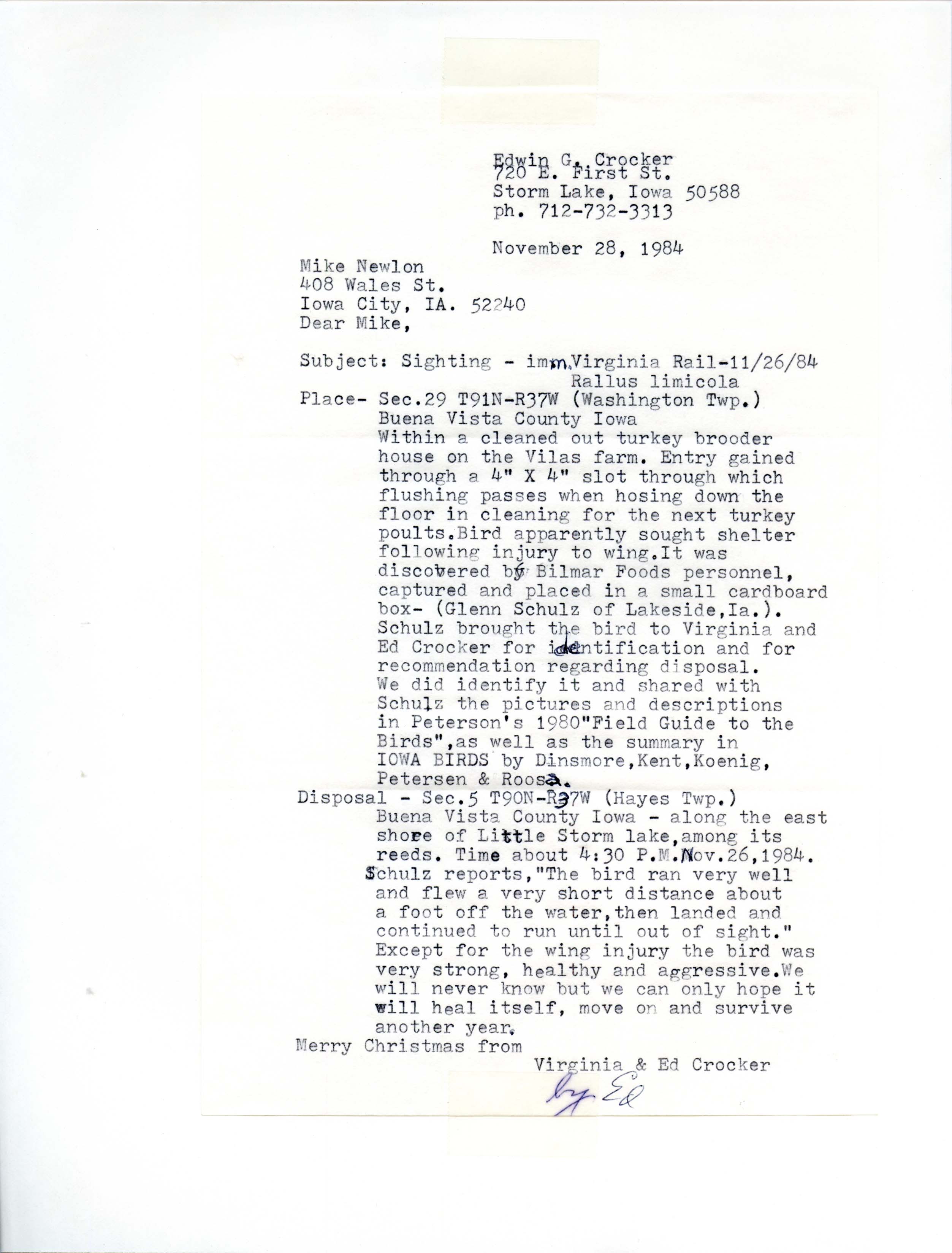 Edwin G. Crocker letter to Mike Newlon regarding the sighting of a Virginia Rail, November 28, 1984