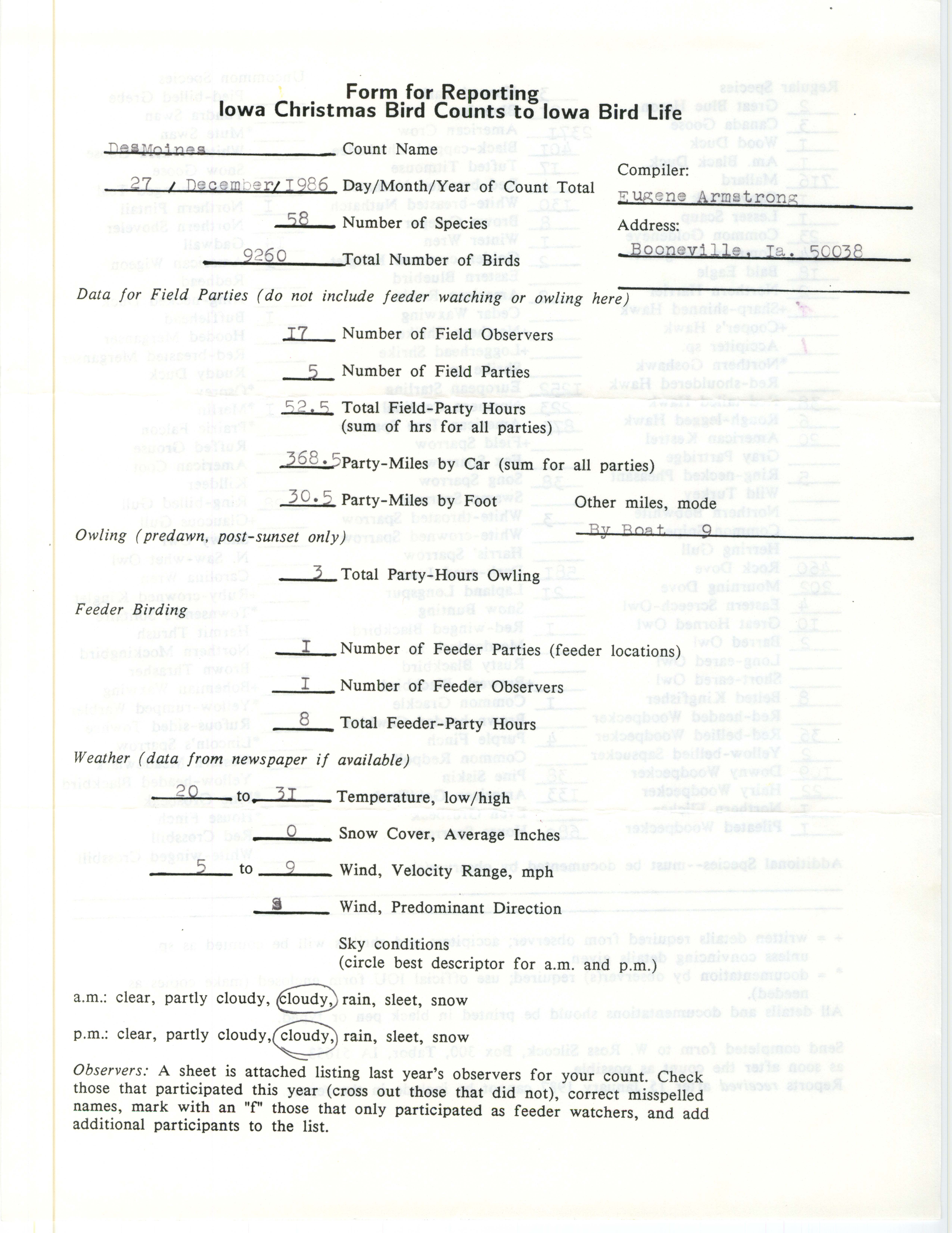 Form for reporting Iowa Christmas bird counts to Iowa Bird Life, Eugene Armstrong, December 27, 1986