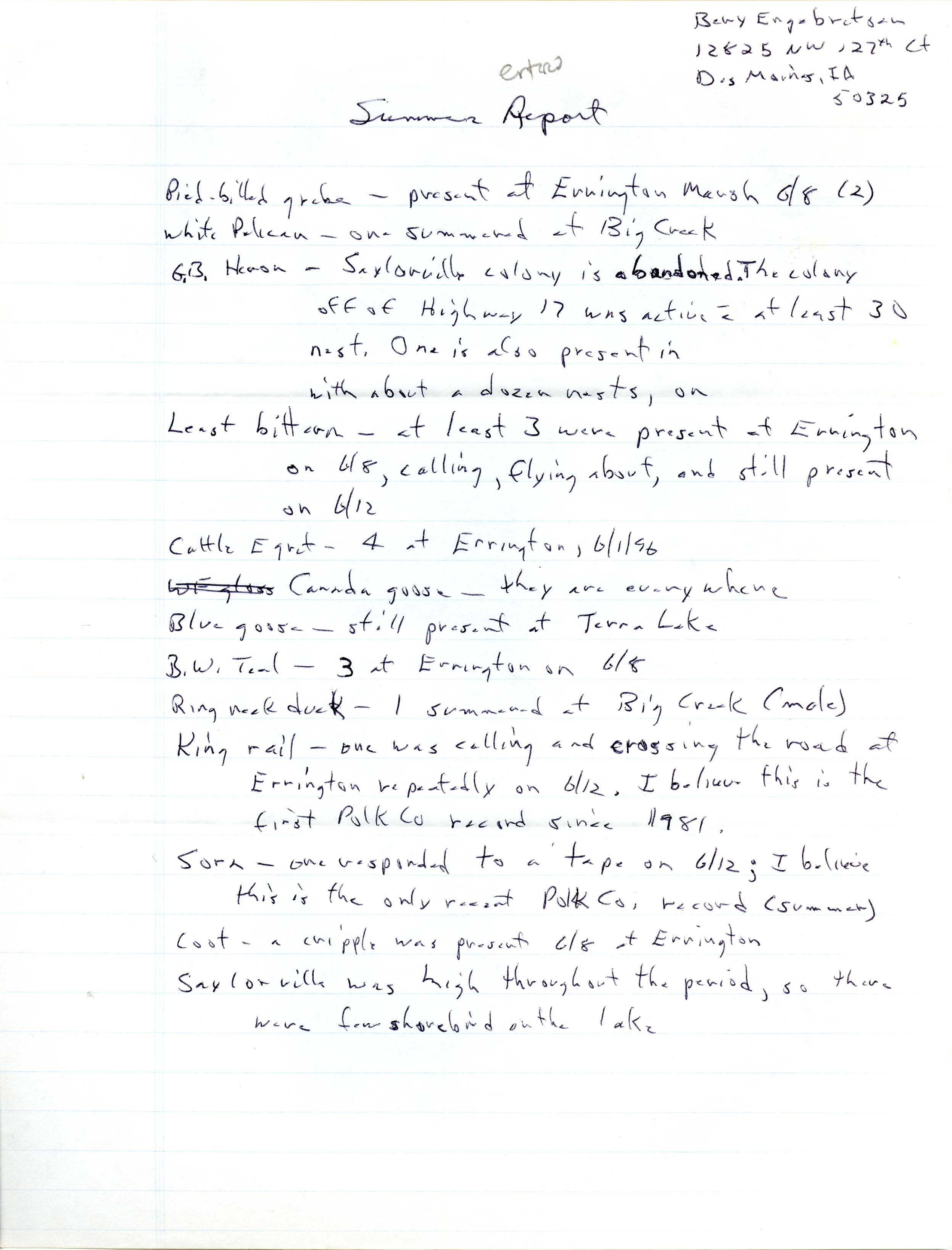 Field notes contributed by Bery Engebretsen, summer 1996