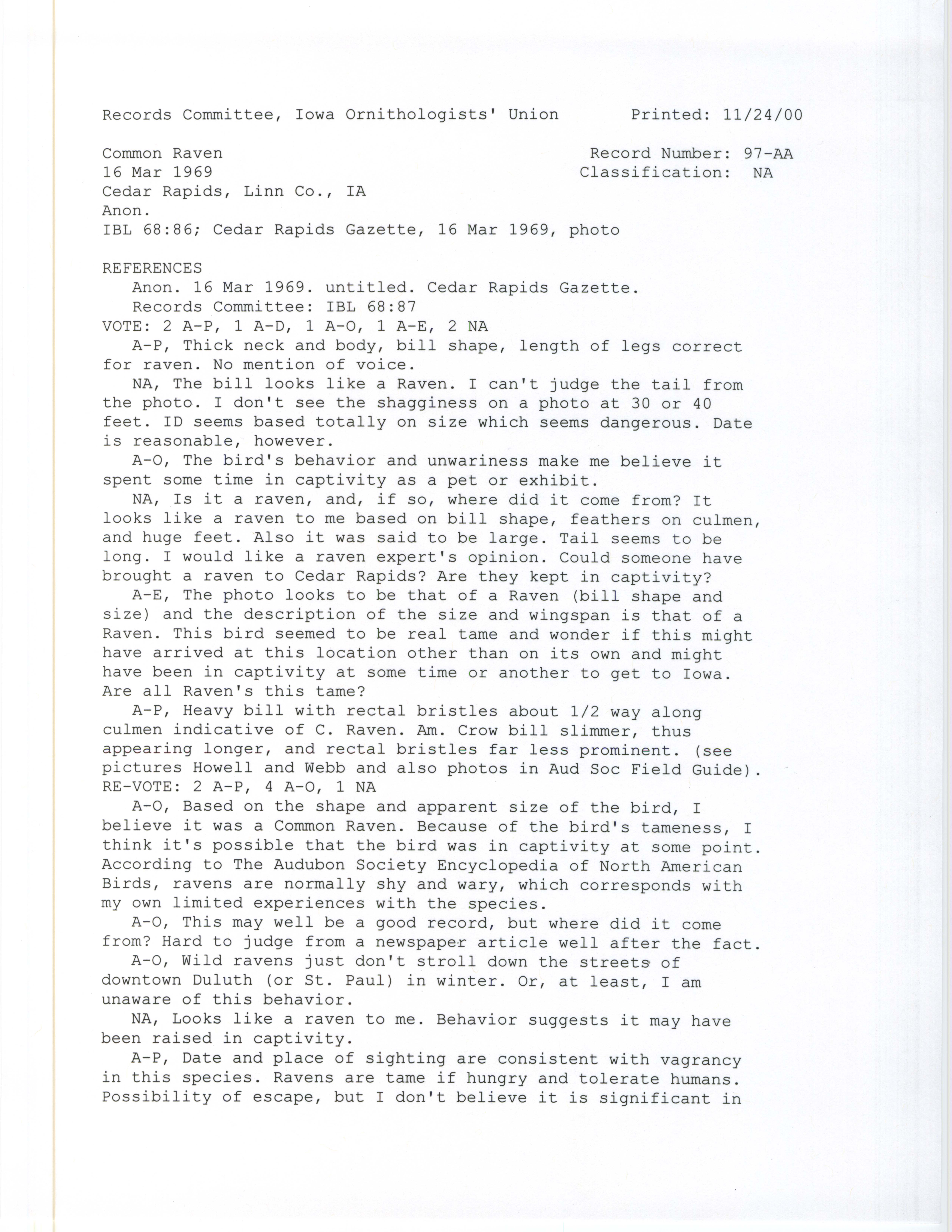 Records Committee review for rare bird sighting for Common Raven at Cedar Rapids in 1969