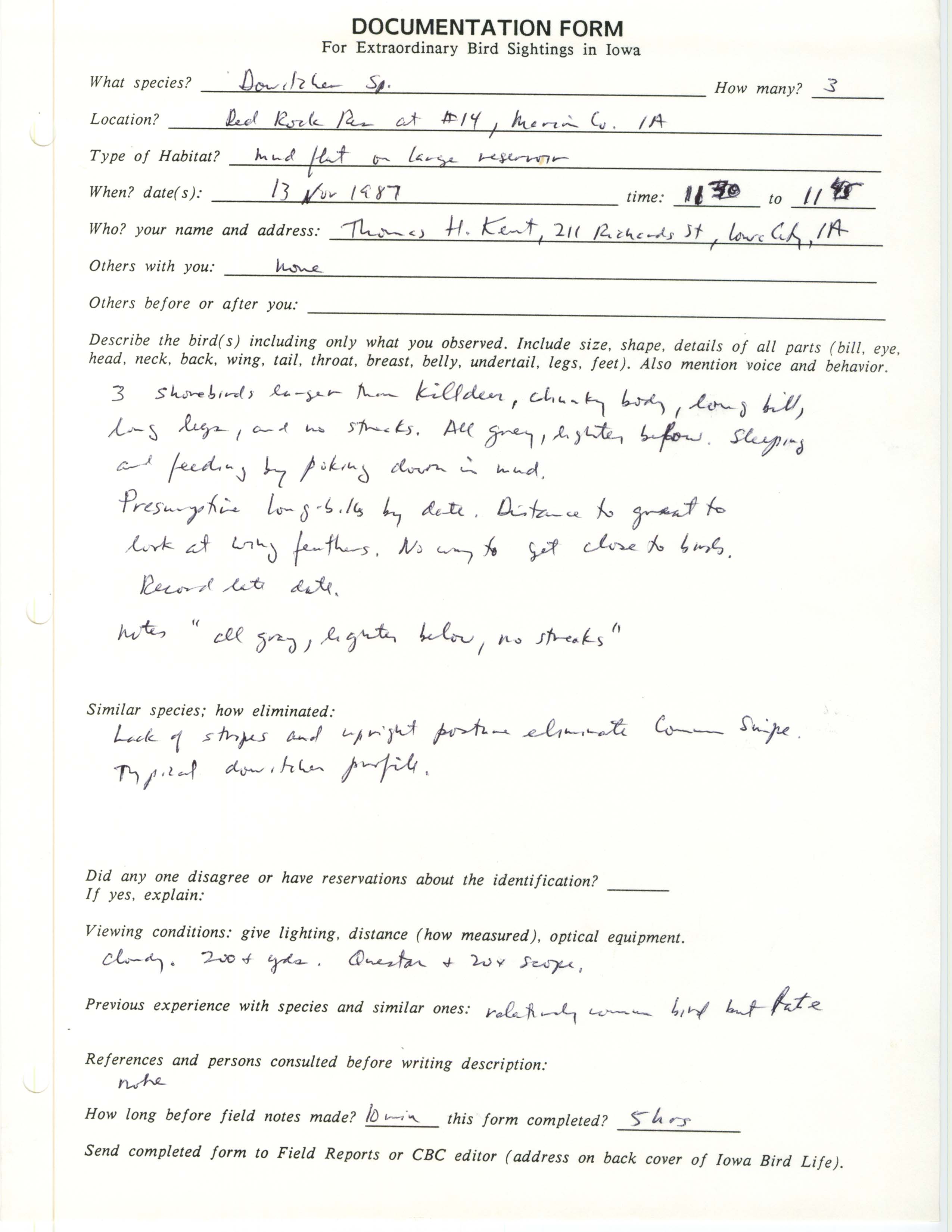 Rare bird documentation form for Dowitcher species at Red Rock Reservoir, 1987
