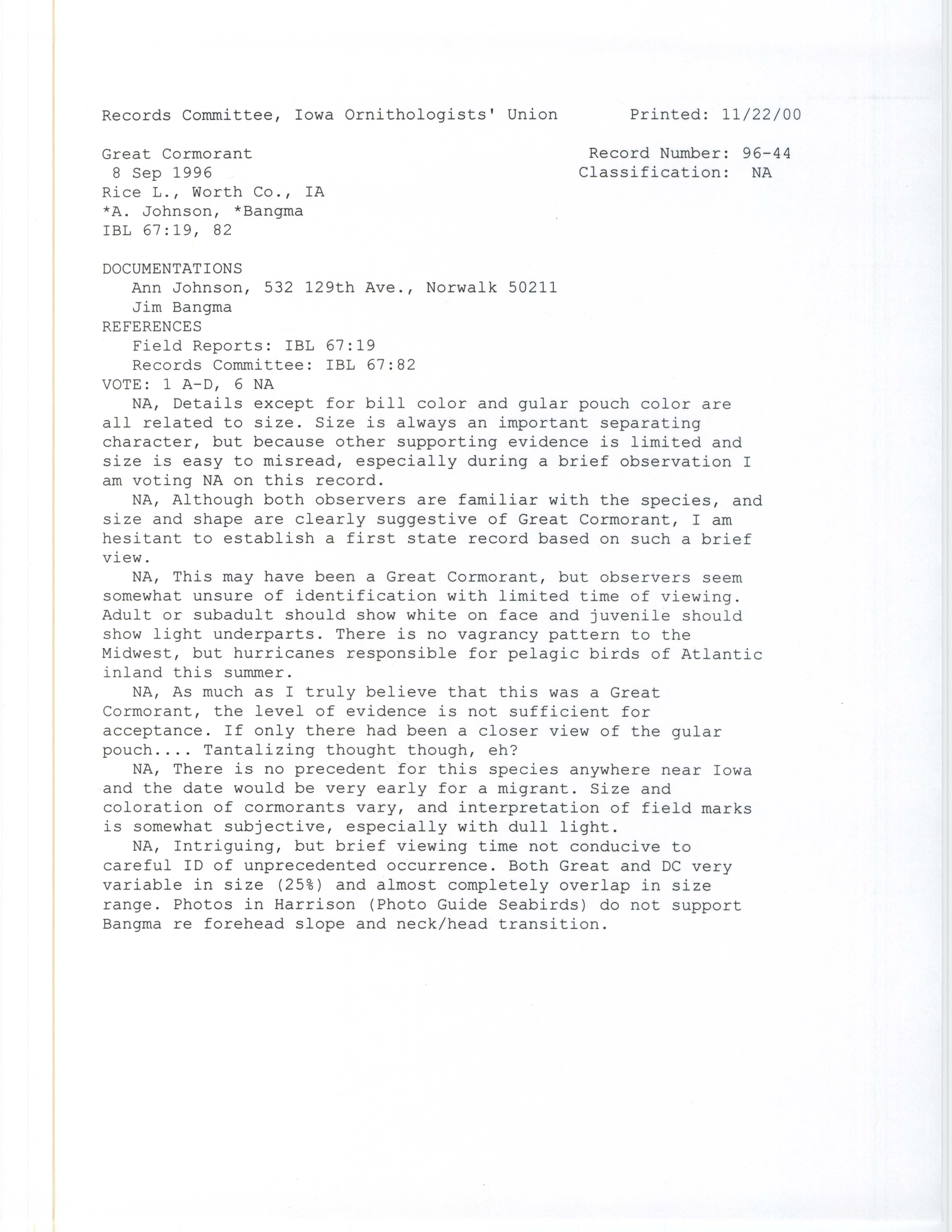Records Committee review for rare bird sighting of Great Cormorant at Rice Lake, 1996