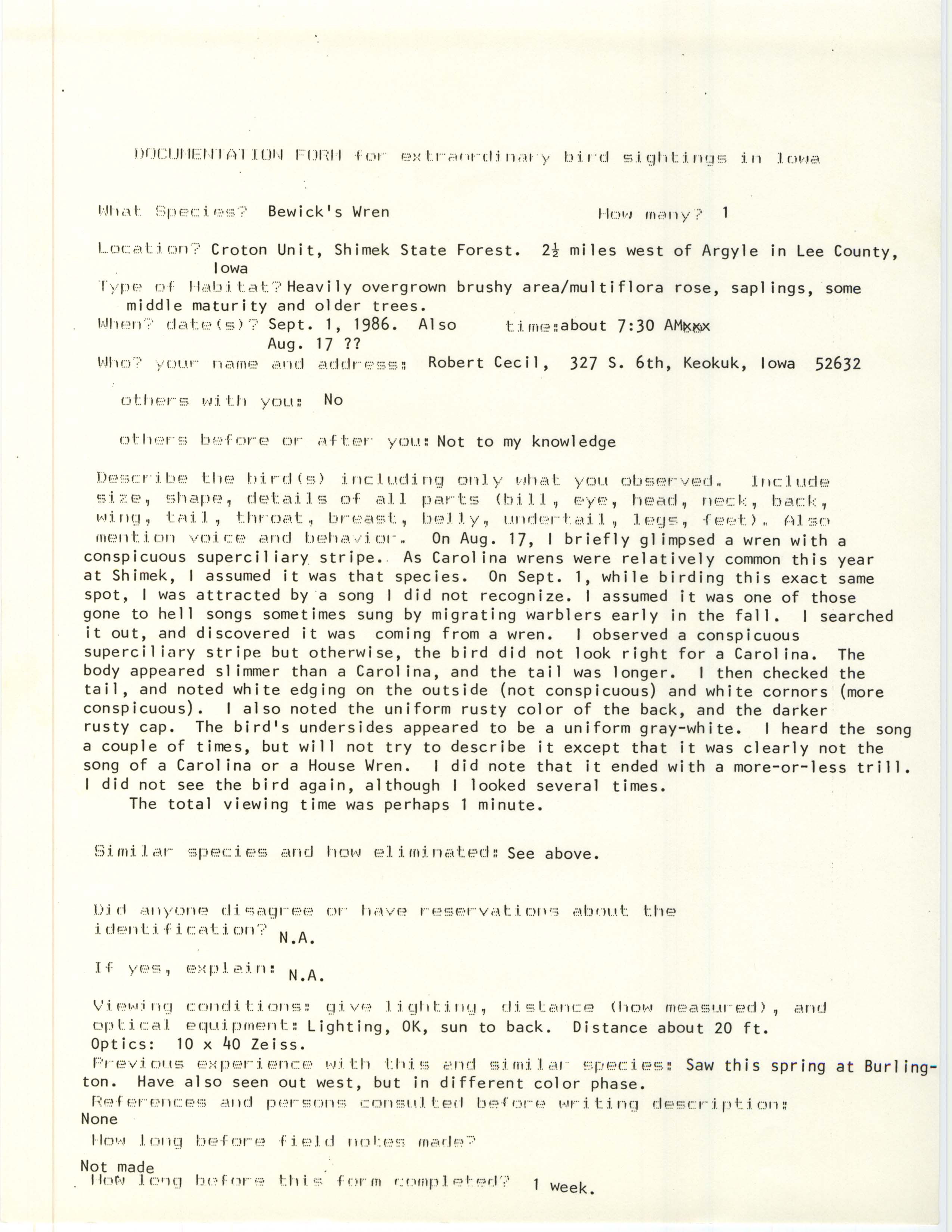 Rare bird documentation form for Bewick's Wren at the Croton Unit in Shimek State Forest, 1986