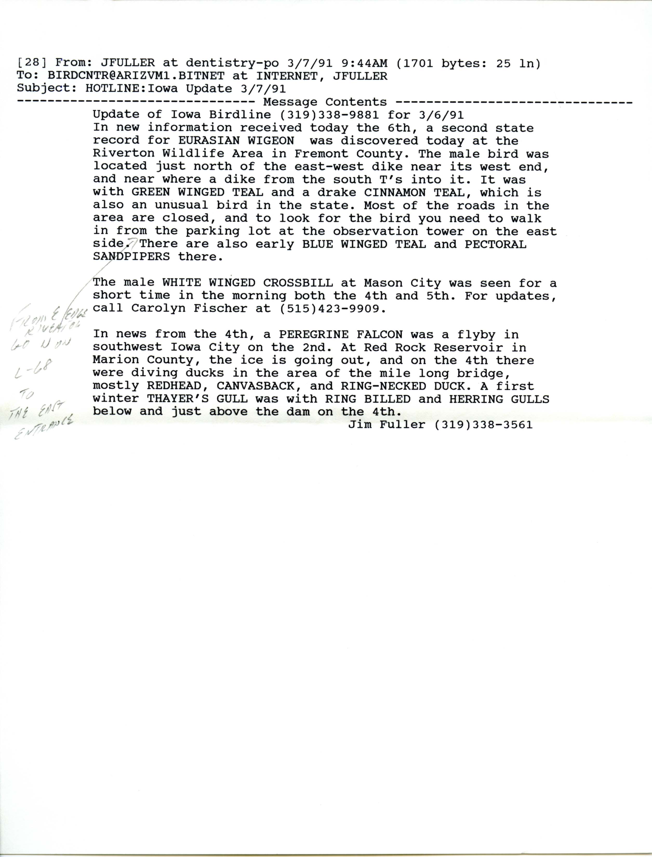 Iowa Birdline update, March 4, 1991