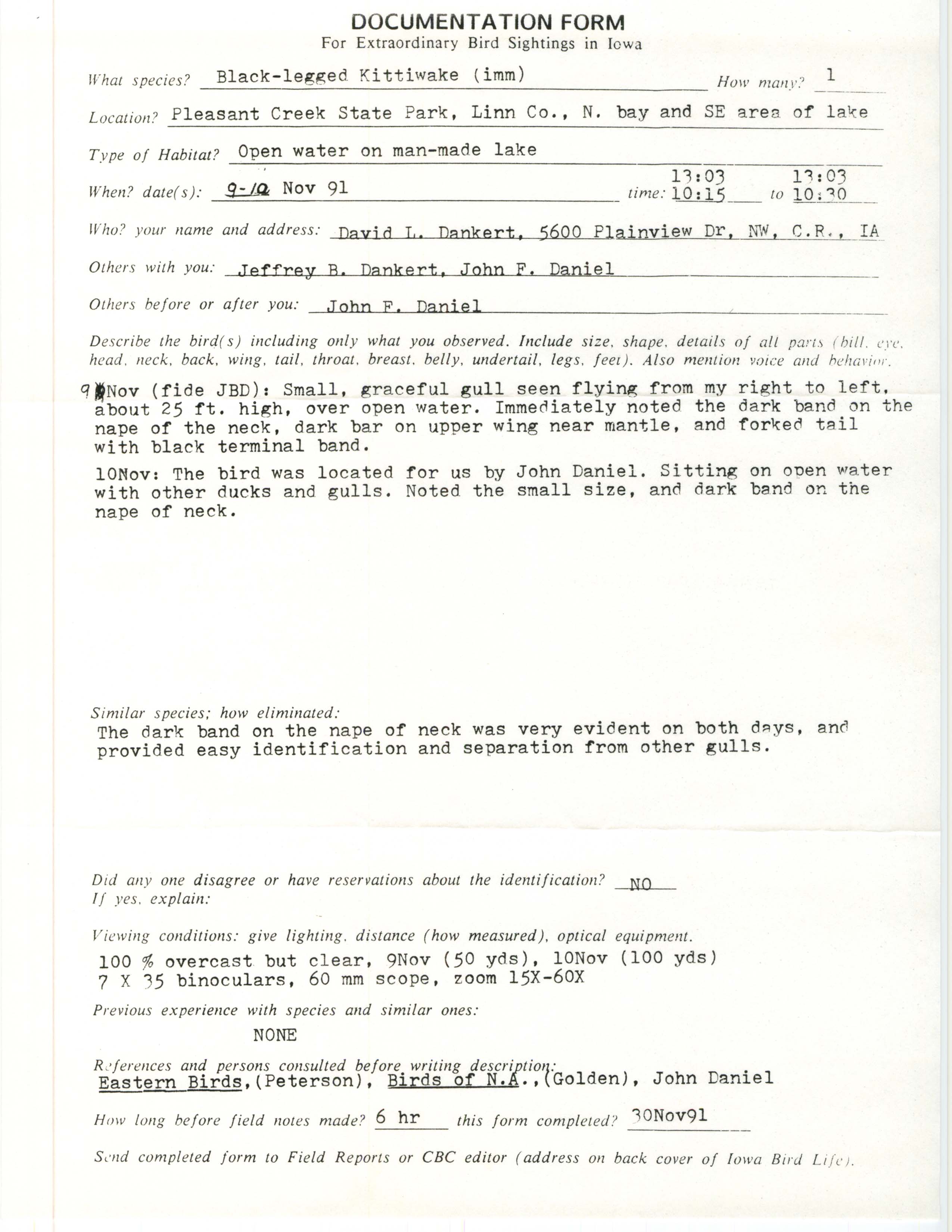 Rare bird documentation form for Black-legged Kittiwake at Pleasant Creek State Park in 1991