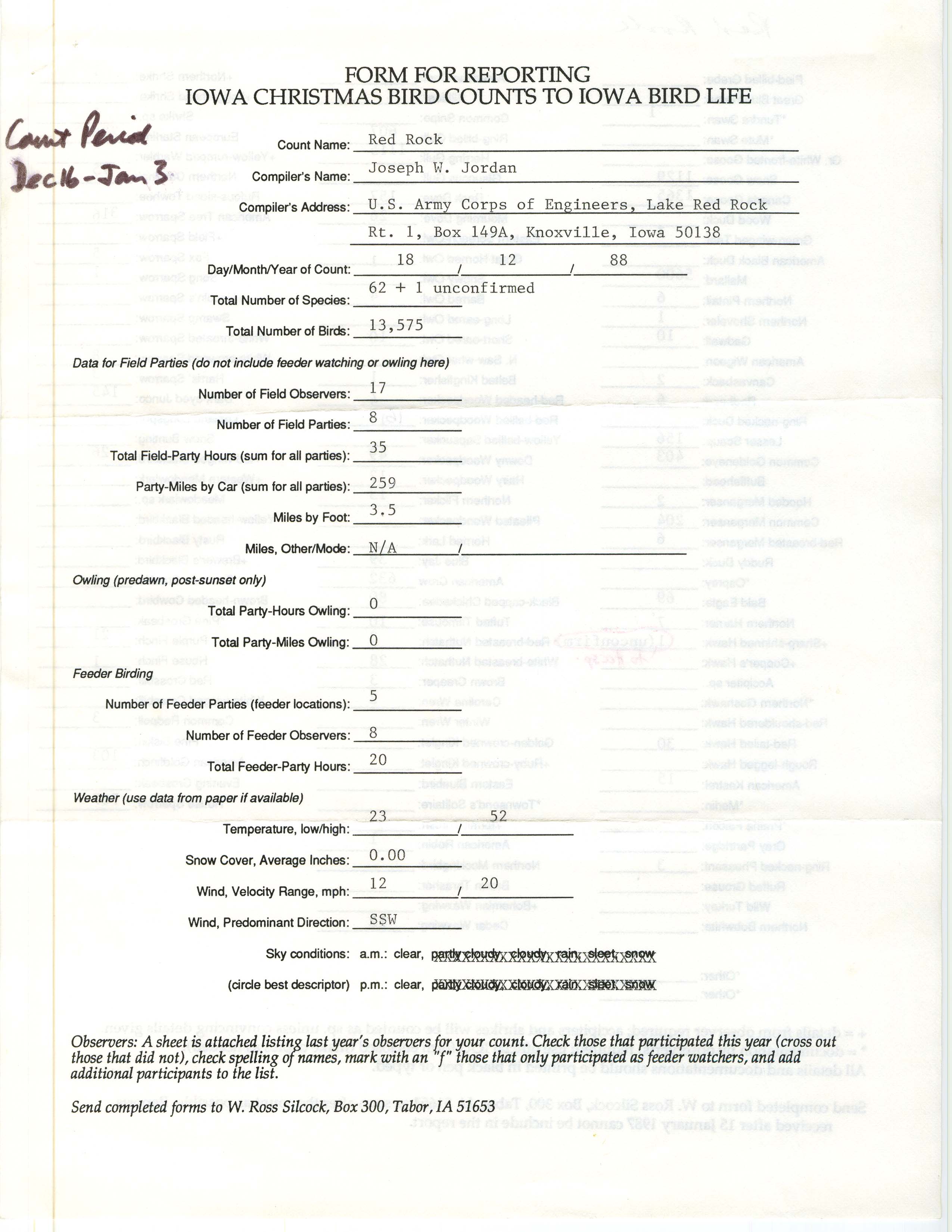 Form for reporting Iowa Christmas bird counts to Iowa Bird Life, Joseph W. Jordan, December 18, 1988