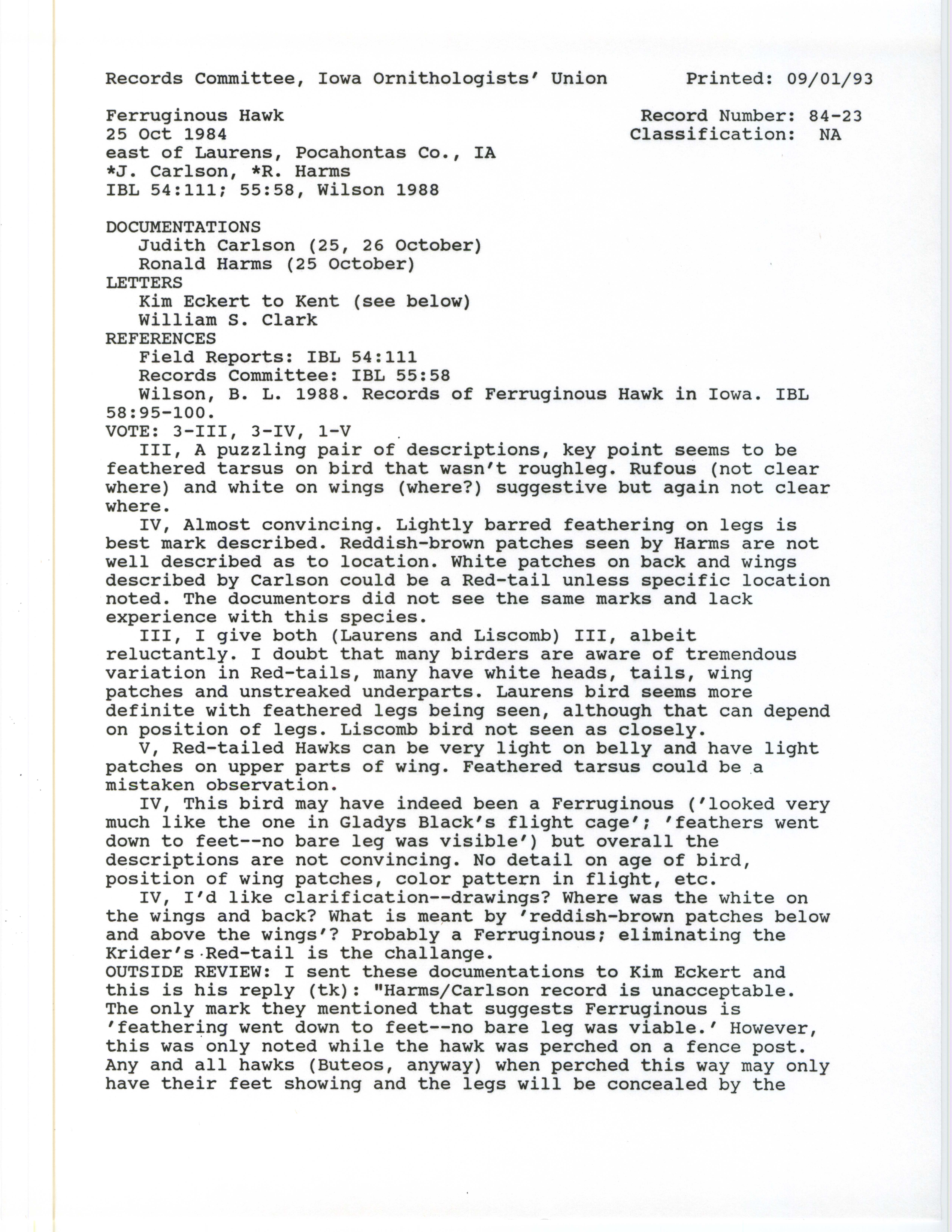 Records Committee review for rare bird sighting of Ferruginous Hawk east of Laurens, 1984