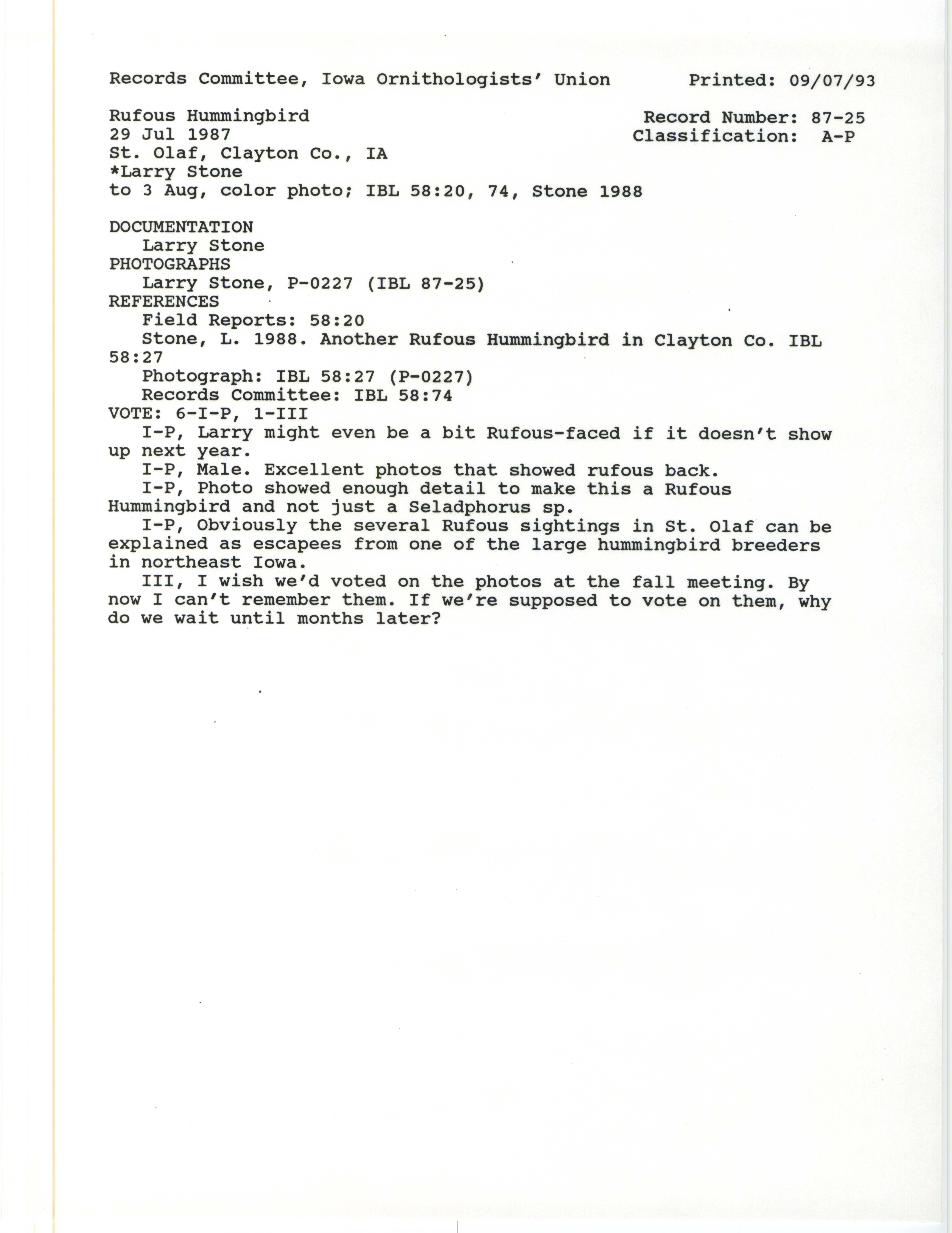 Records Committee review for rare bird sighting for Rufous Hummingbird at St. Olaf, 1987