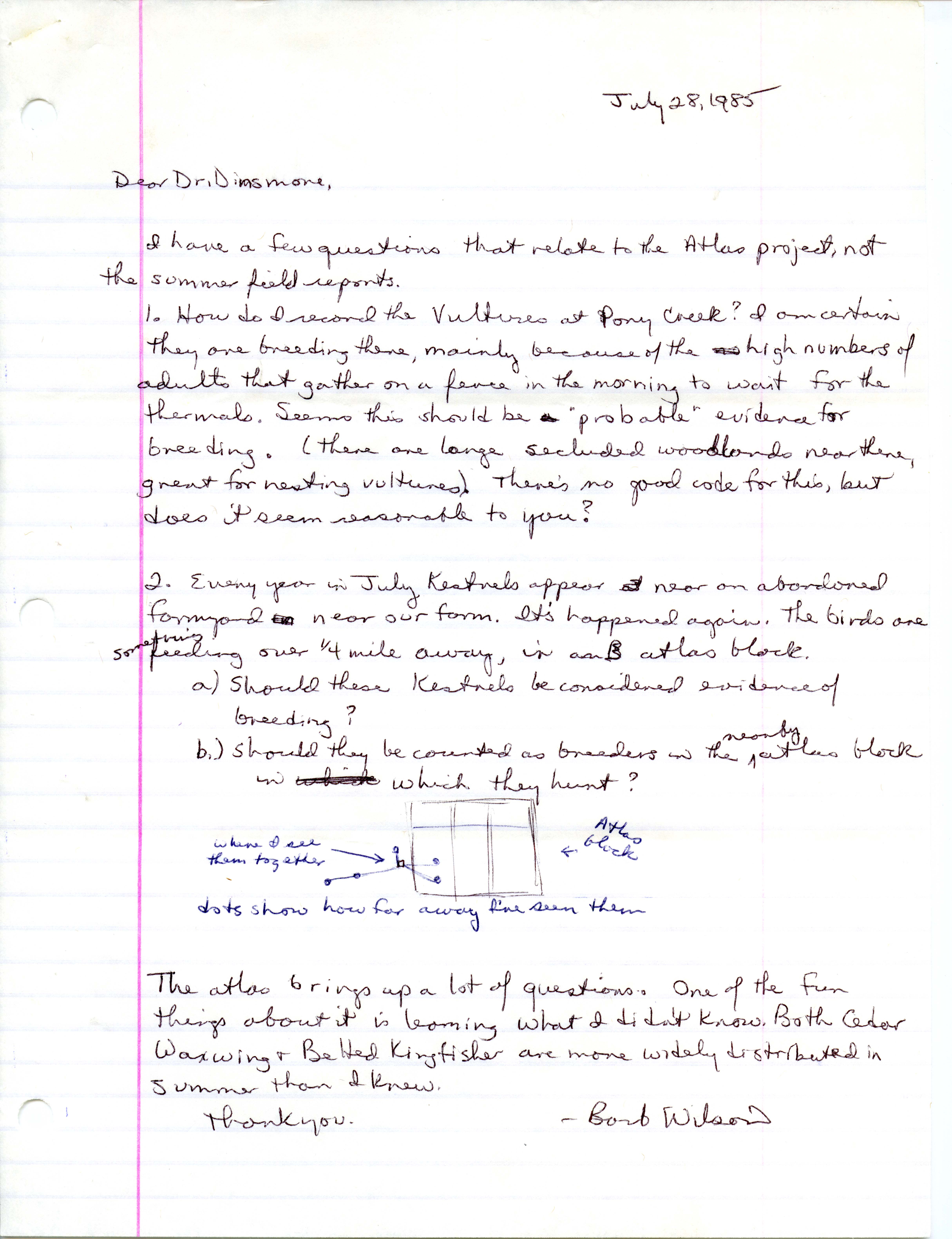 Field notes and Barbara L. Wilson letter to James J. Dinsmore, July 28, 1985