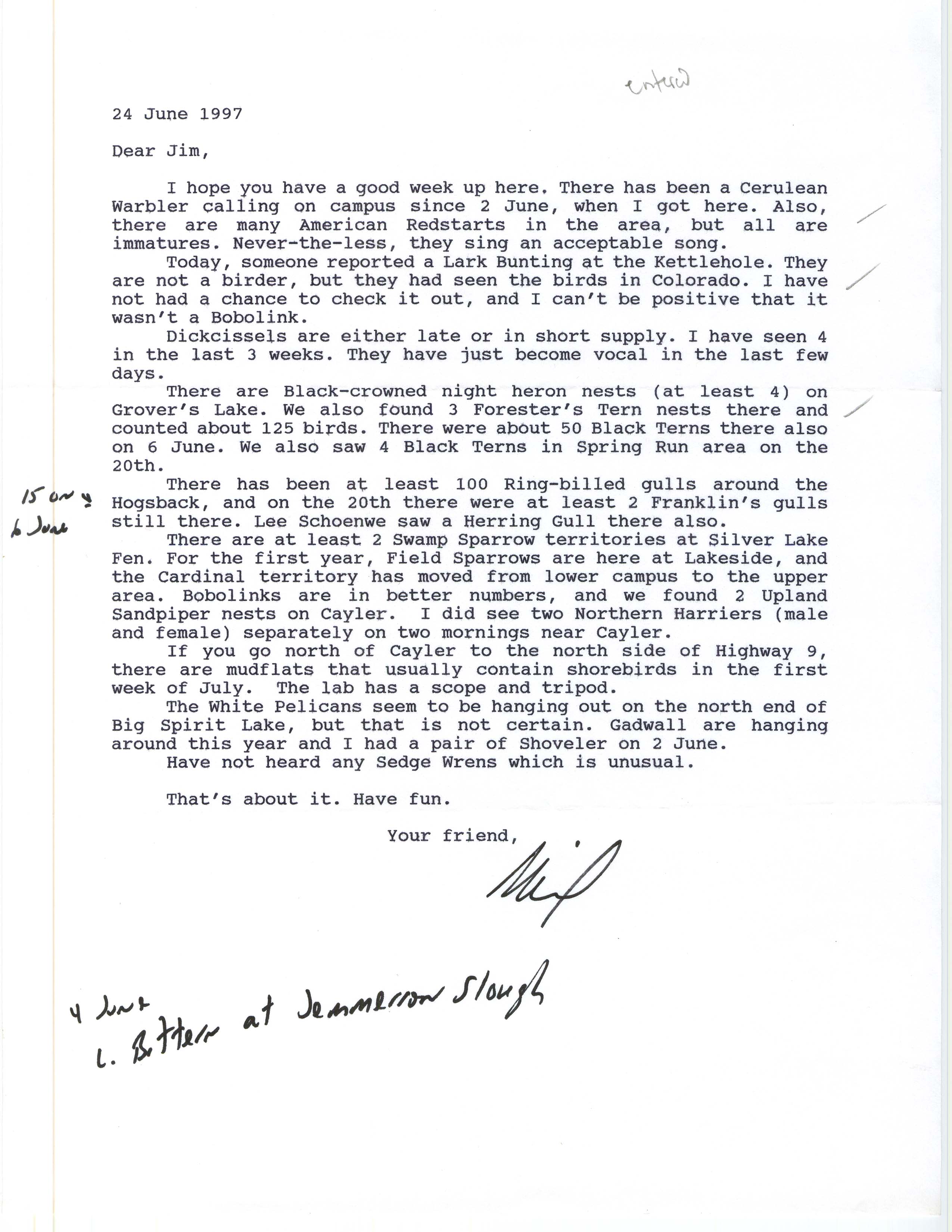 Neil Bernstein letter to James J. Dinsmore regarding summer bird sightings in northwest Iowa, June 24, 1997