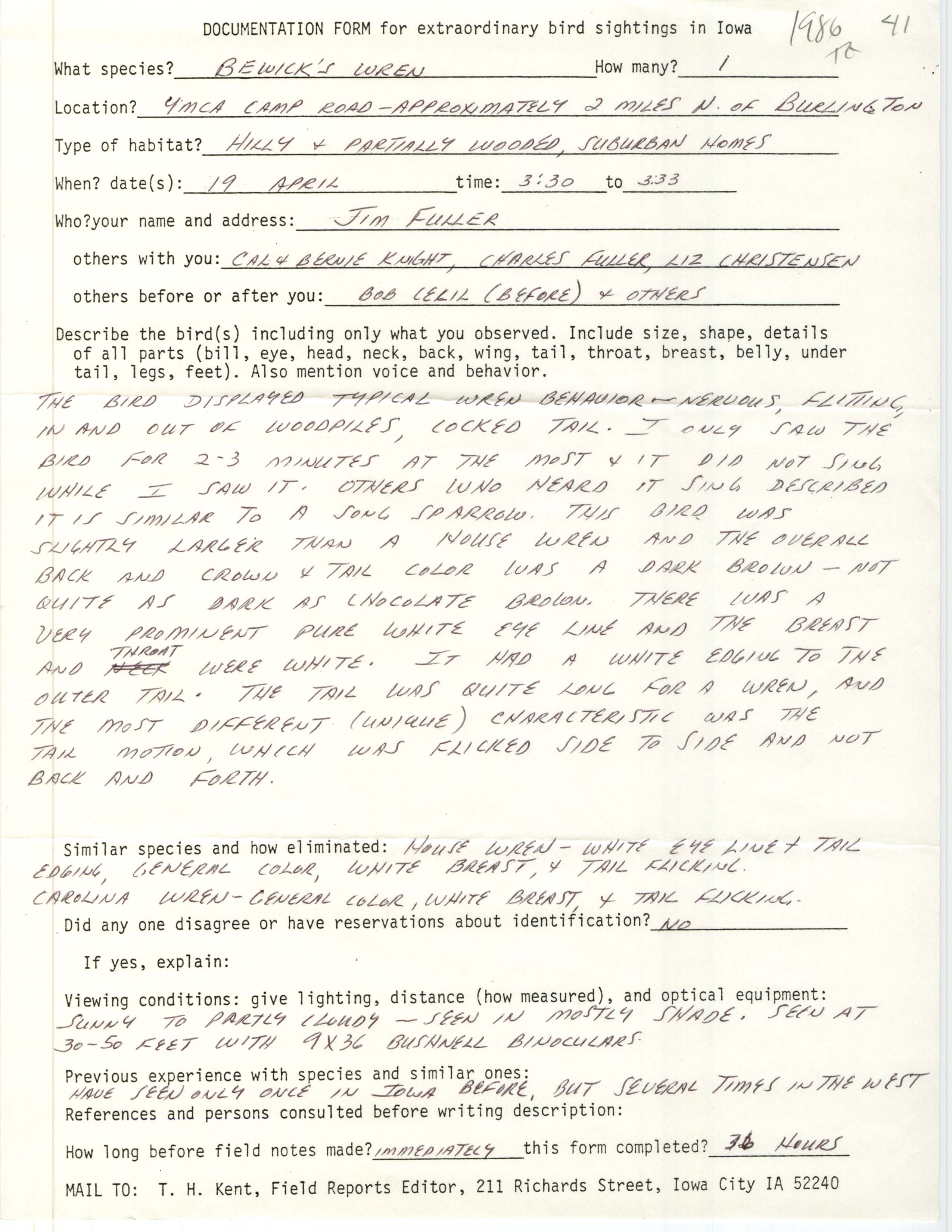Rare bird documentation form for Bewick's Wren north of Burlington, 1986