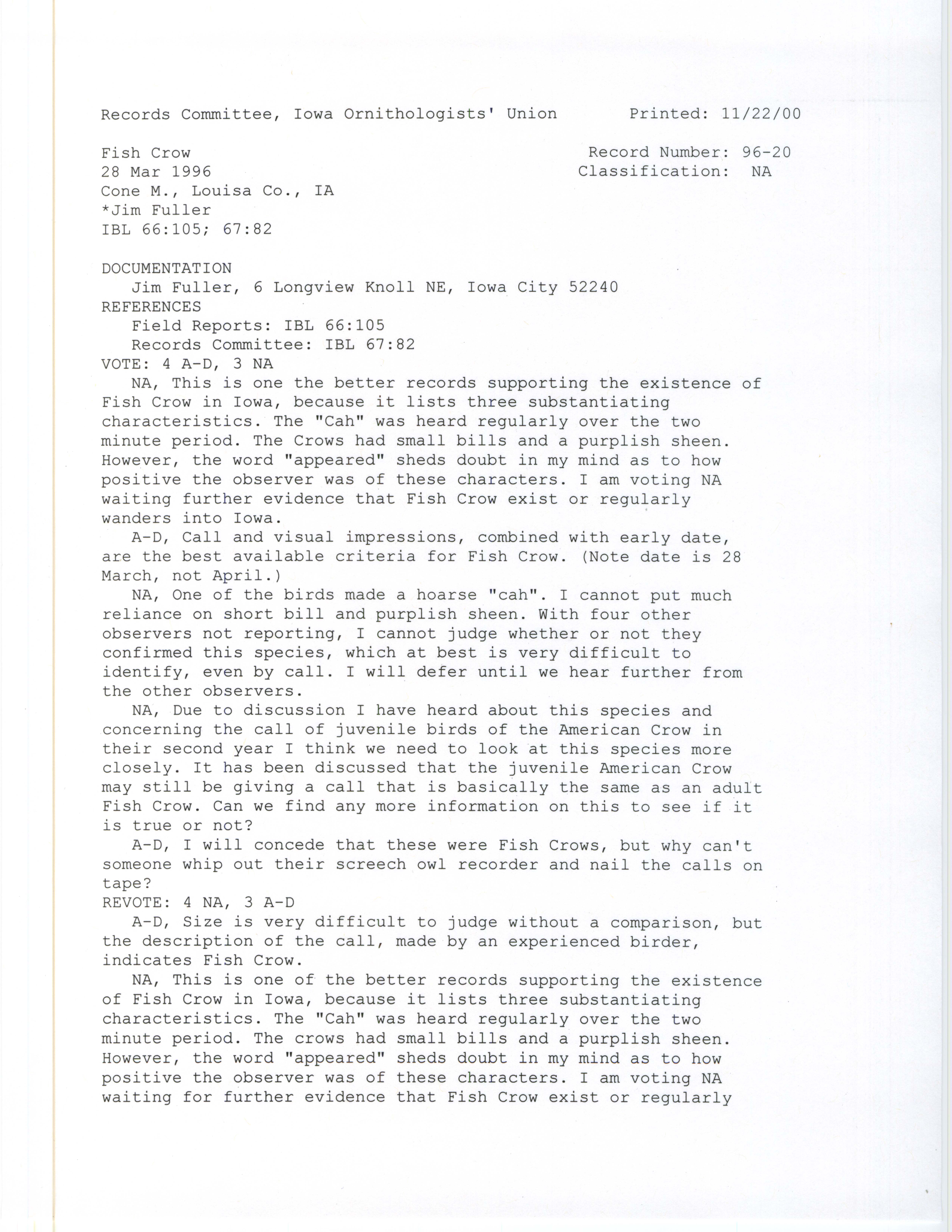 Records Committee review for rare bird sighting for Fish Crow at Cone Marsh, 1996