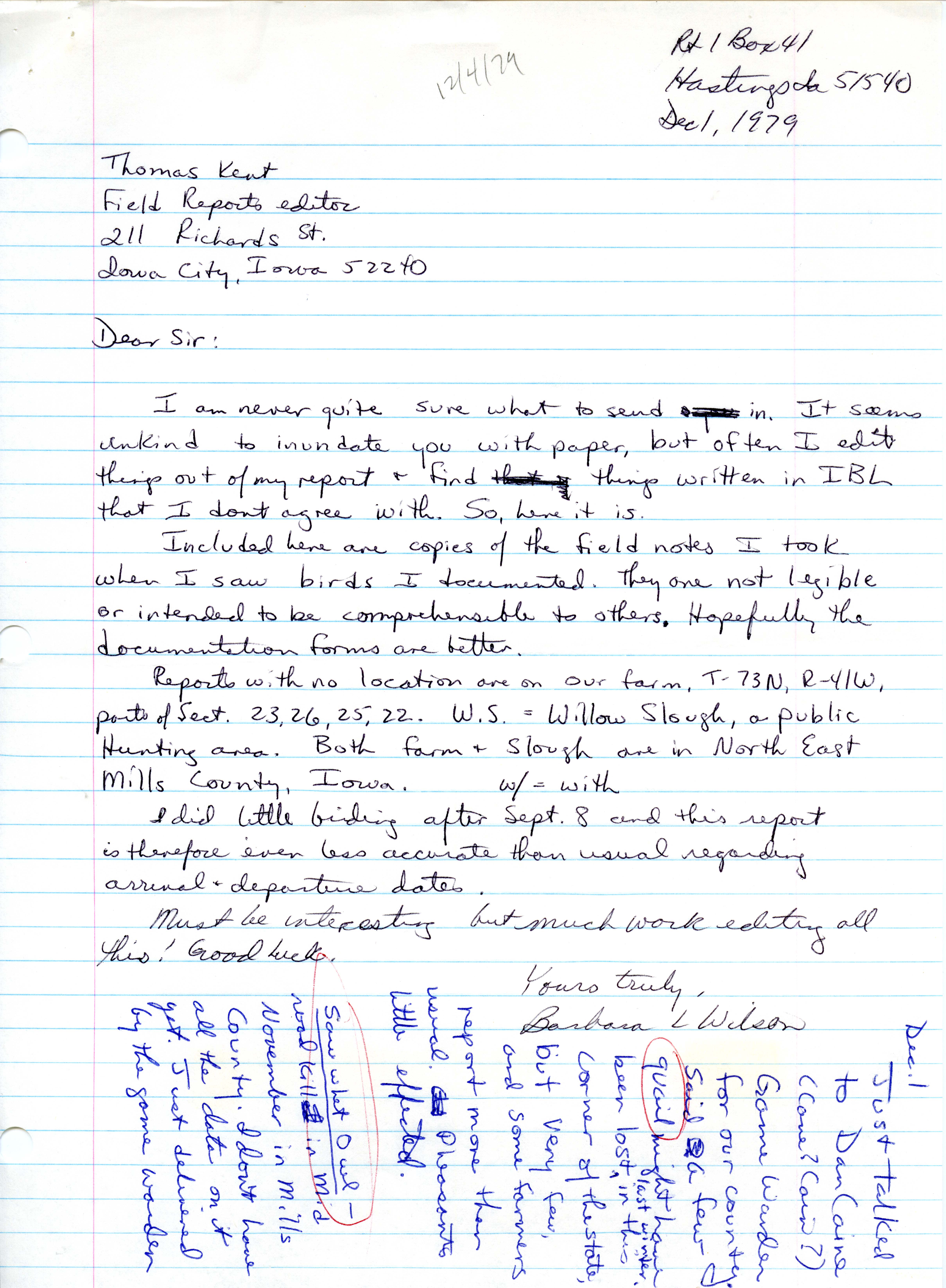 Barbara L. Wilson letter to Thomas H. Kent regarding bird sightings, December 1, 1979.