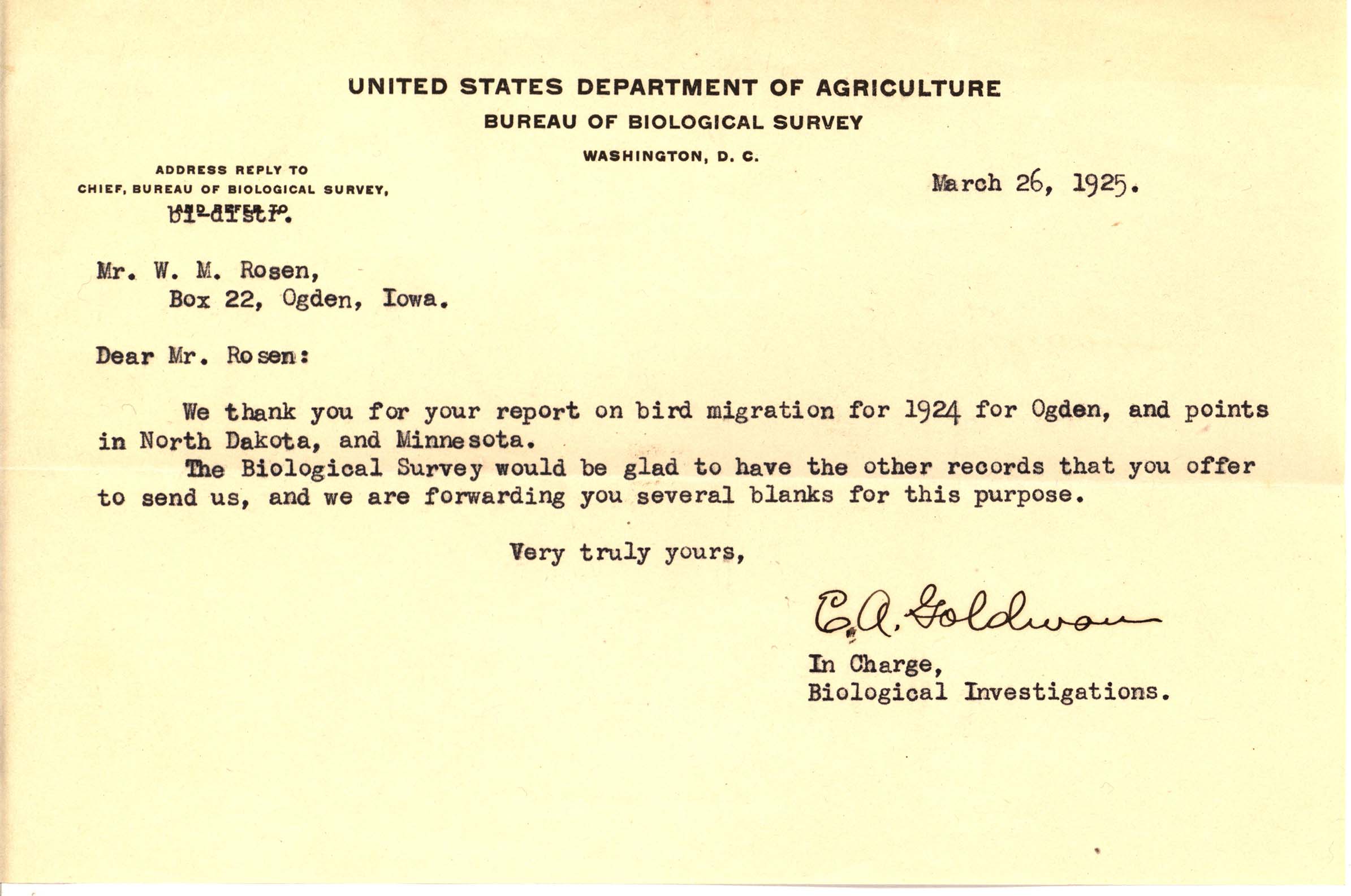 Edward Alphonso Goldman letter to Walter Rosene regarding the receipt of the 1924 bird migration report from Ogden, North Dakota, and Minnesota, March 26, 1925