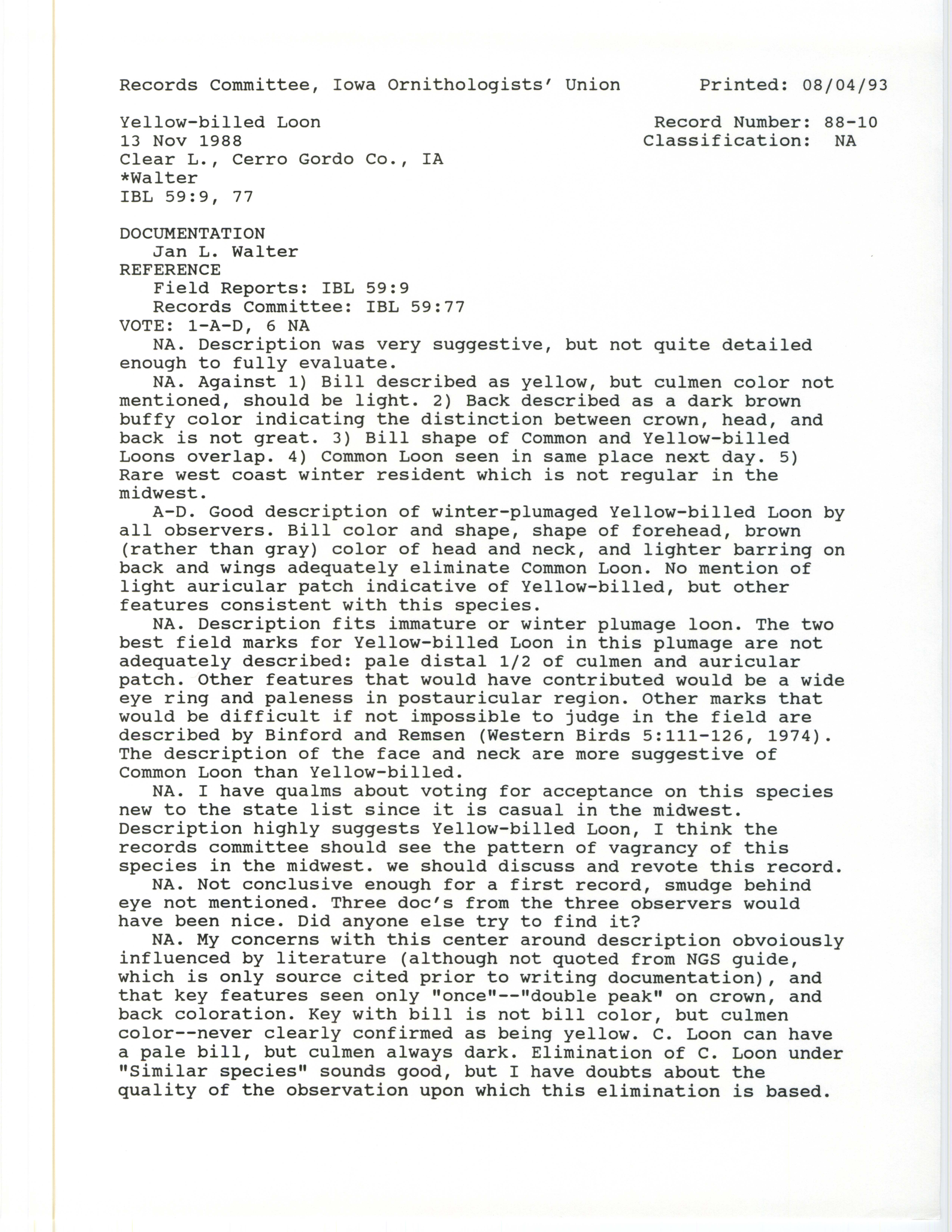 Record Committee review for rare bird sighting of Yellow-billed Loon at Clear Lake, 1988