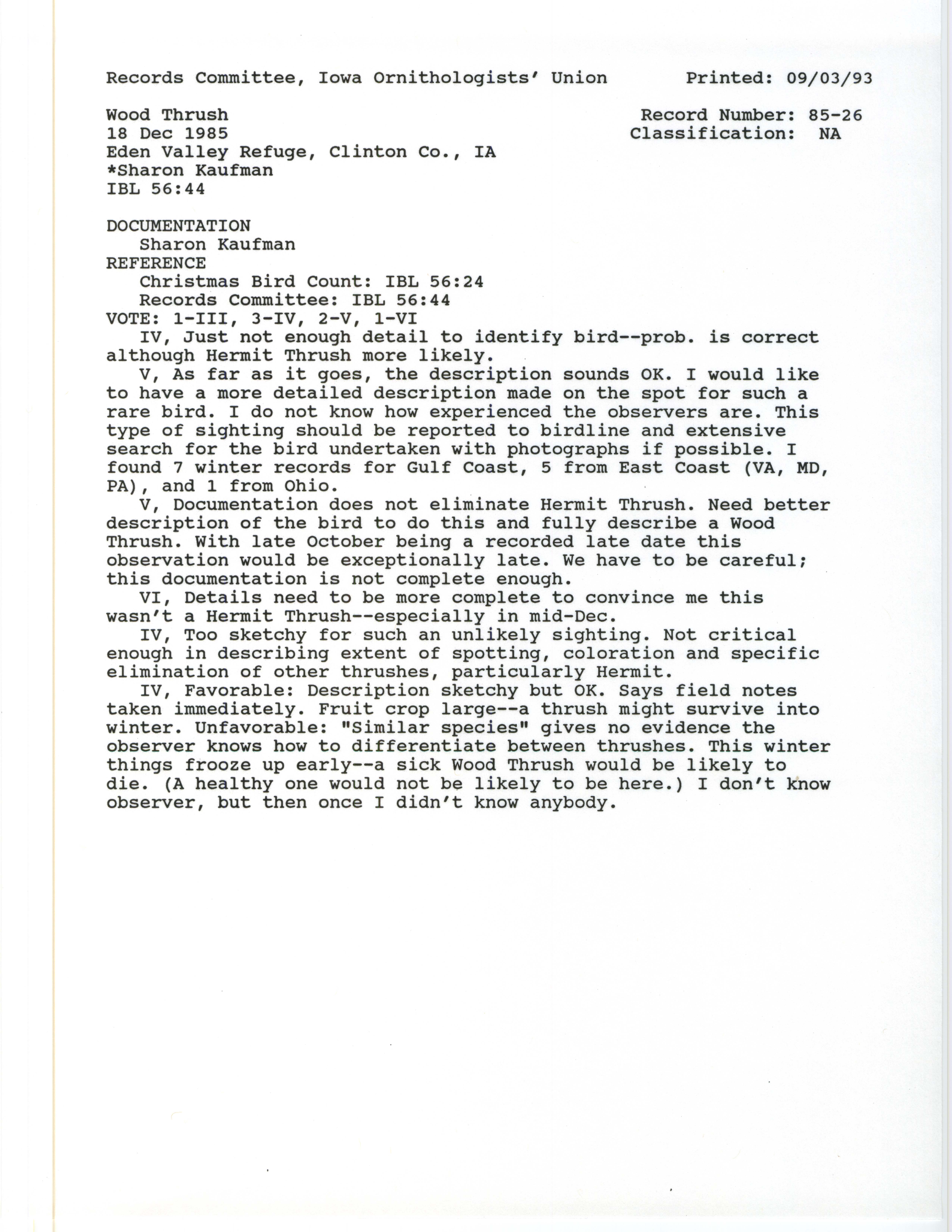 Records Committee review for rare bird sighting for Wood Thrush at Eden Valley Refuge, 1985