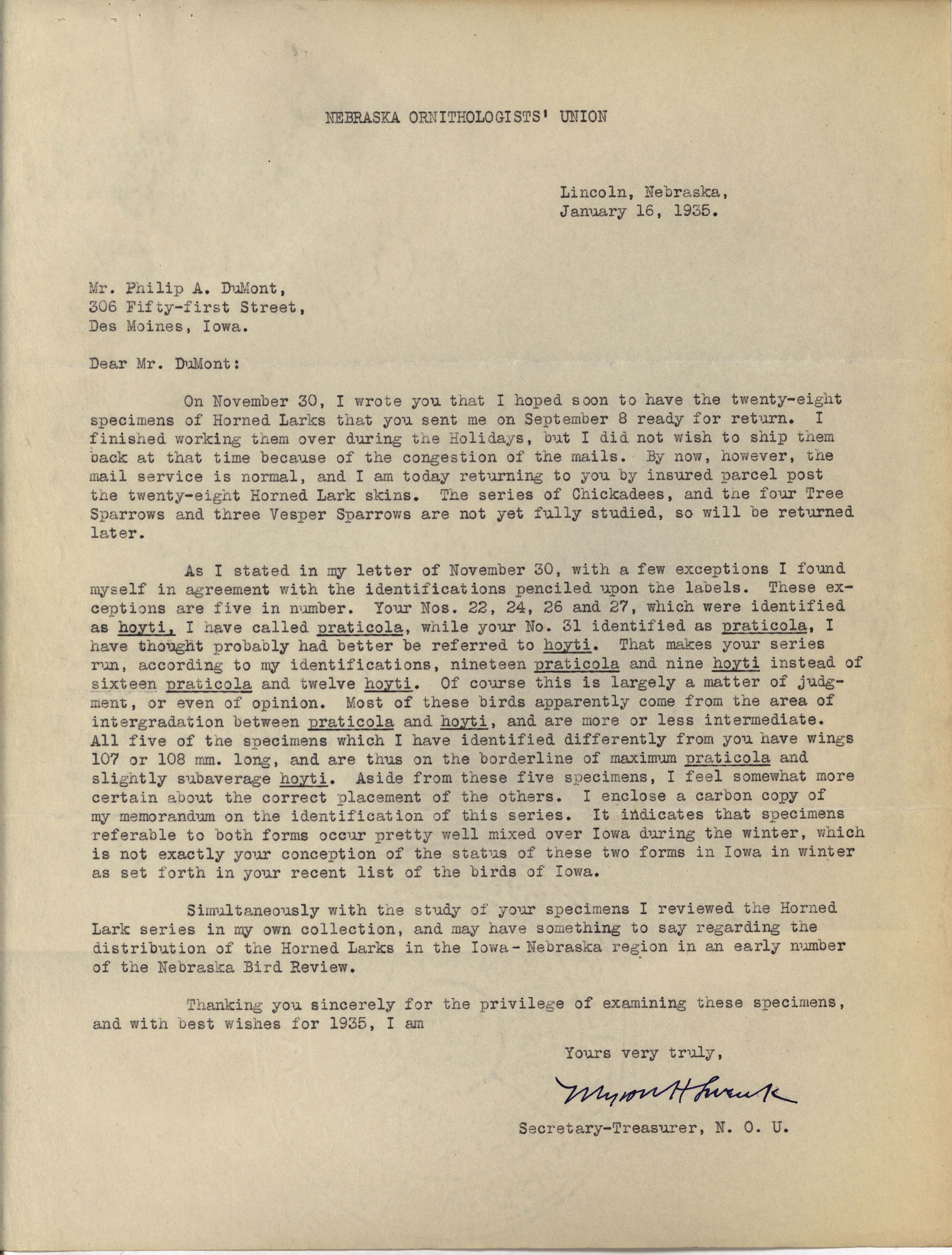 Myron Swenk letter to Philip DuMont regarding specimens, January 16, 1935