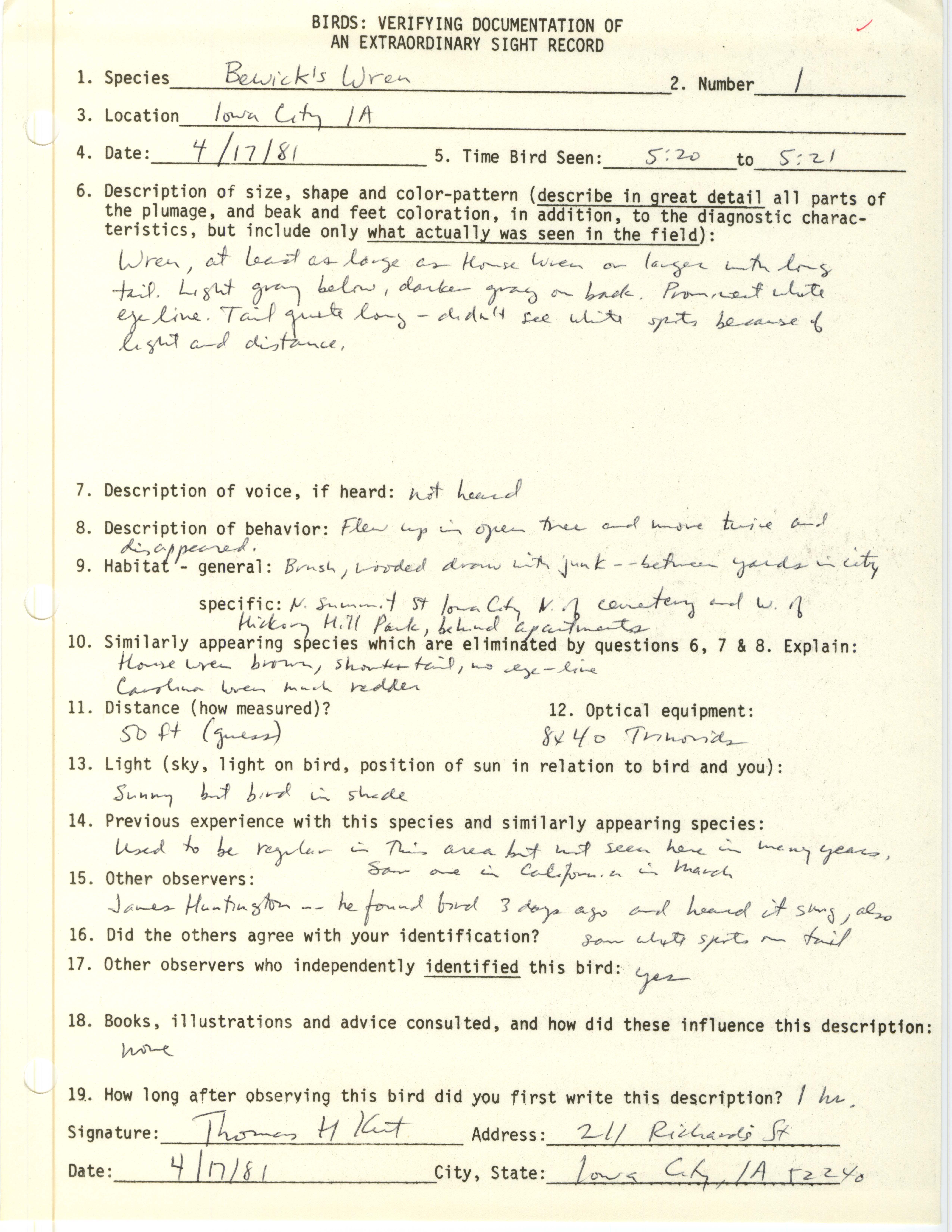 Birds: verifying documentation of an extraordinary sight record submitted by Thomas H. Kent, April 17 1981