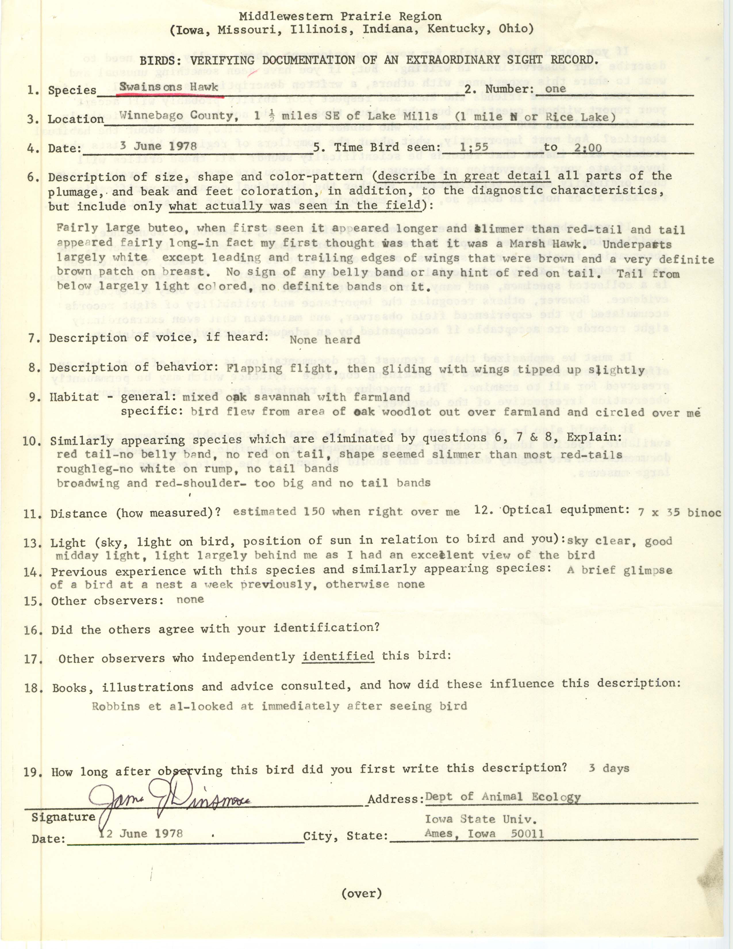 Rare bird documentation form for Swainson's Hawk near Lake Mills and Rice Lake, 1978