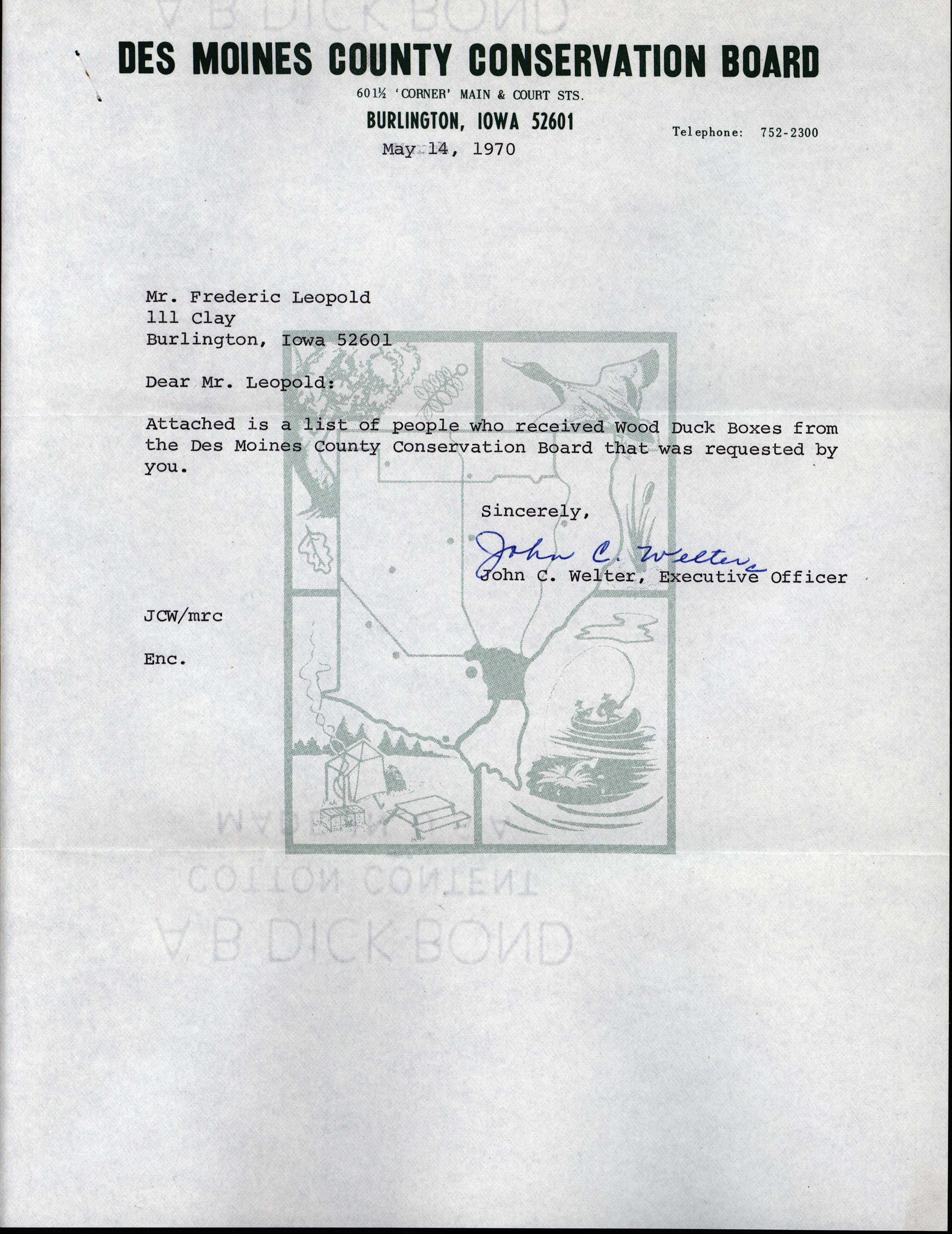 John C. Welter letter and attached list to Frederic Leopold regarding Wood Duck houses, May 14, 1970