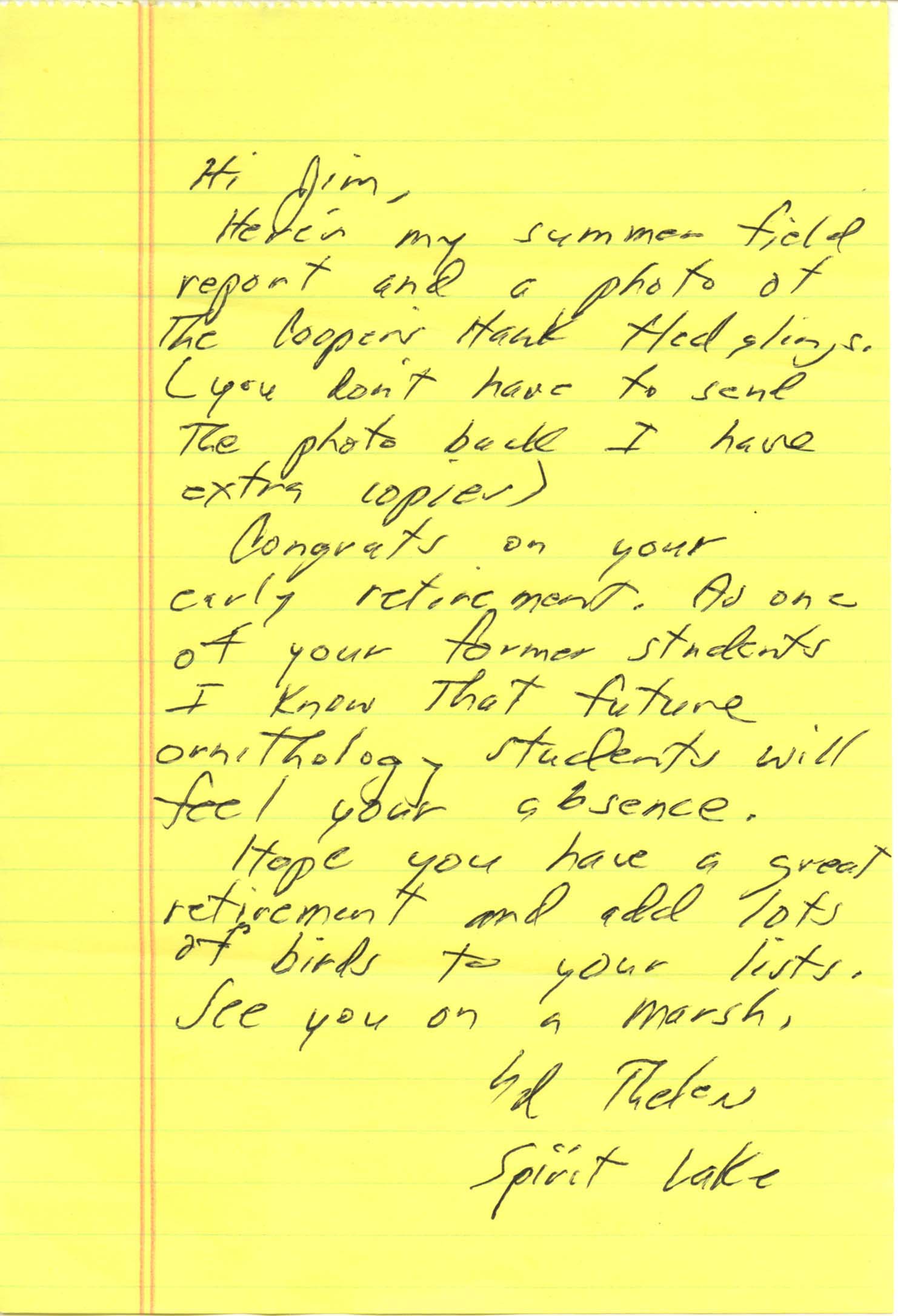 Field notes, photograph, and letter to James J. Dinsmore contributed by Ed Thelen, summer 2002