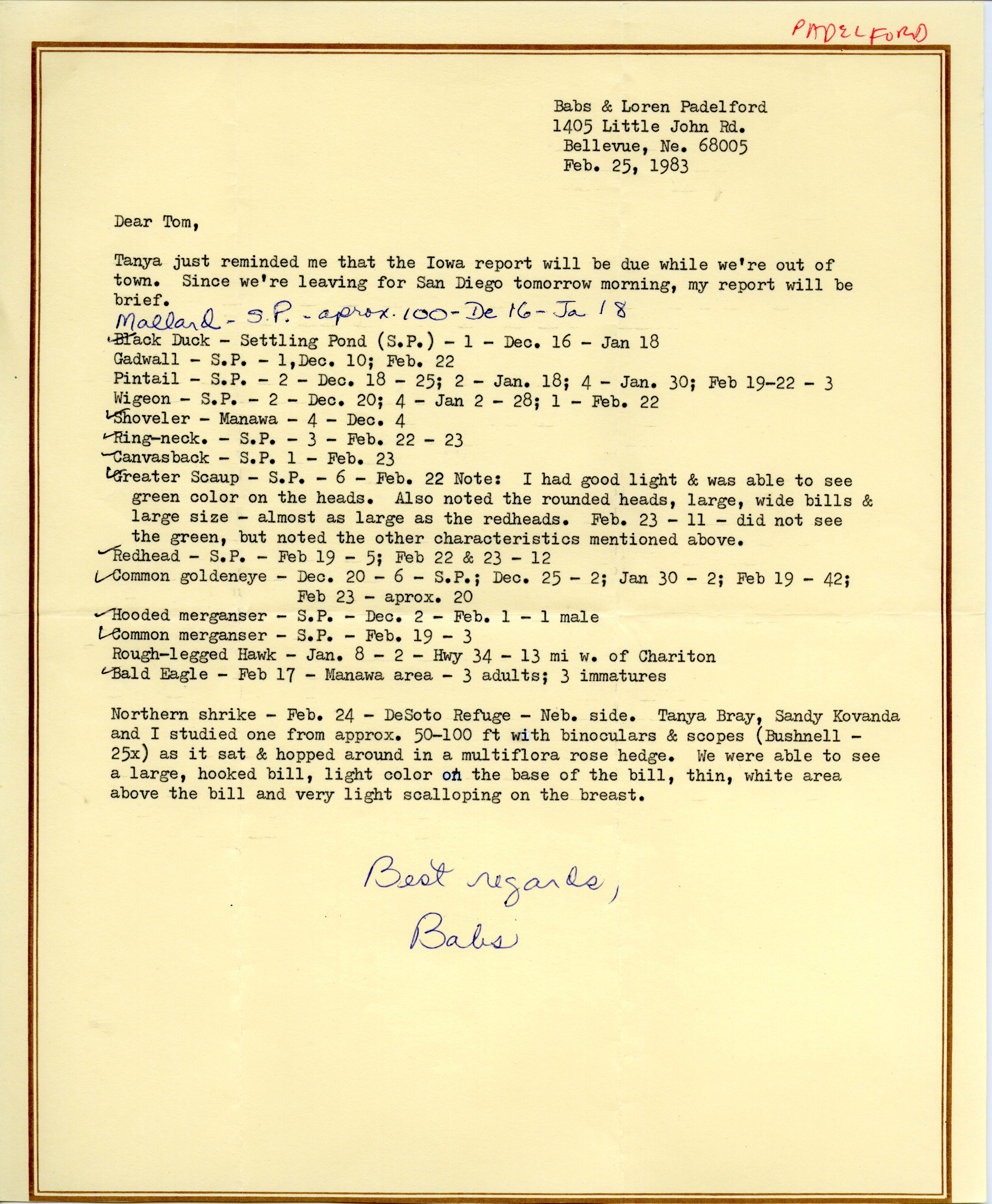 Babs Padelford letter to Thomas H. Kent regarding winter bird sightings, February 25, 1983