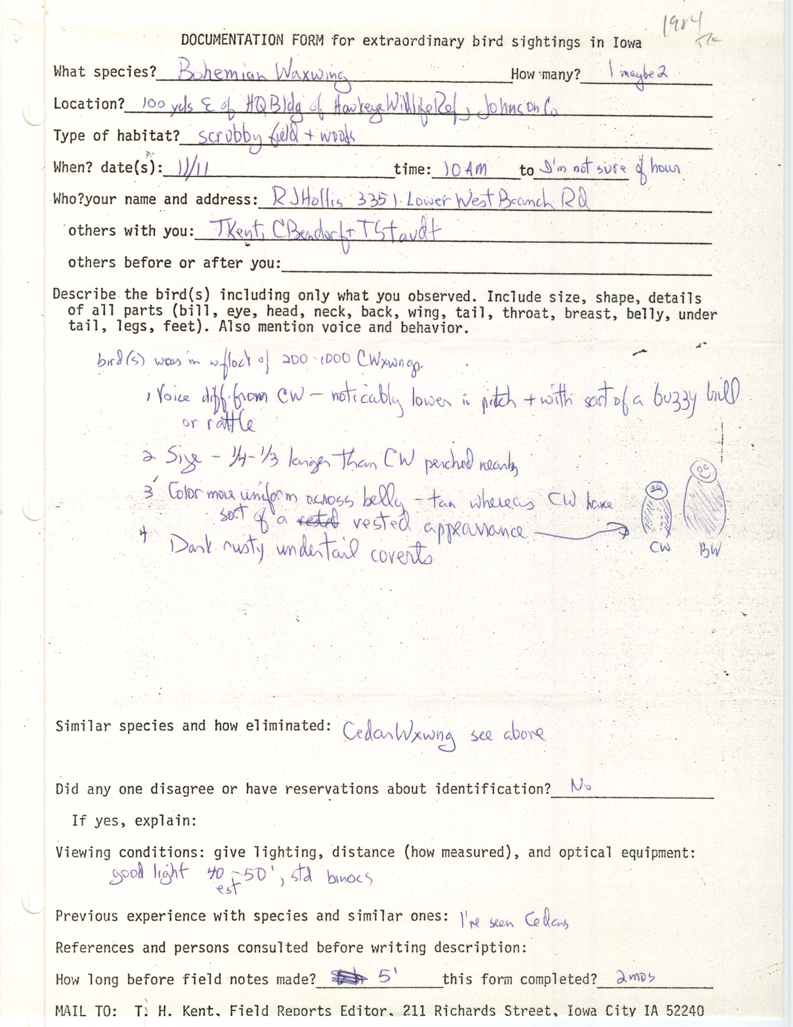 Rare bird documentation form for Bohemian Waxwing at Hawkeye Wildlife Management Area in 1984
