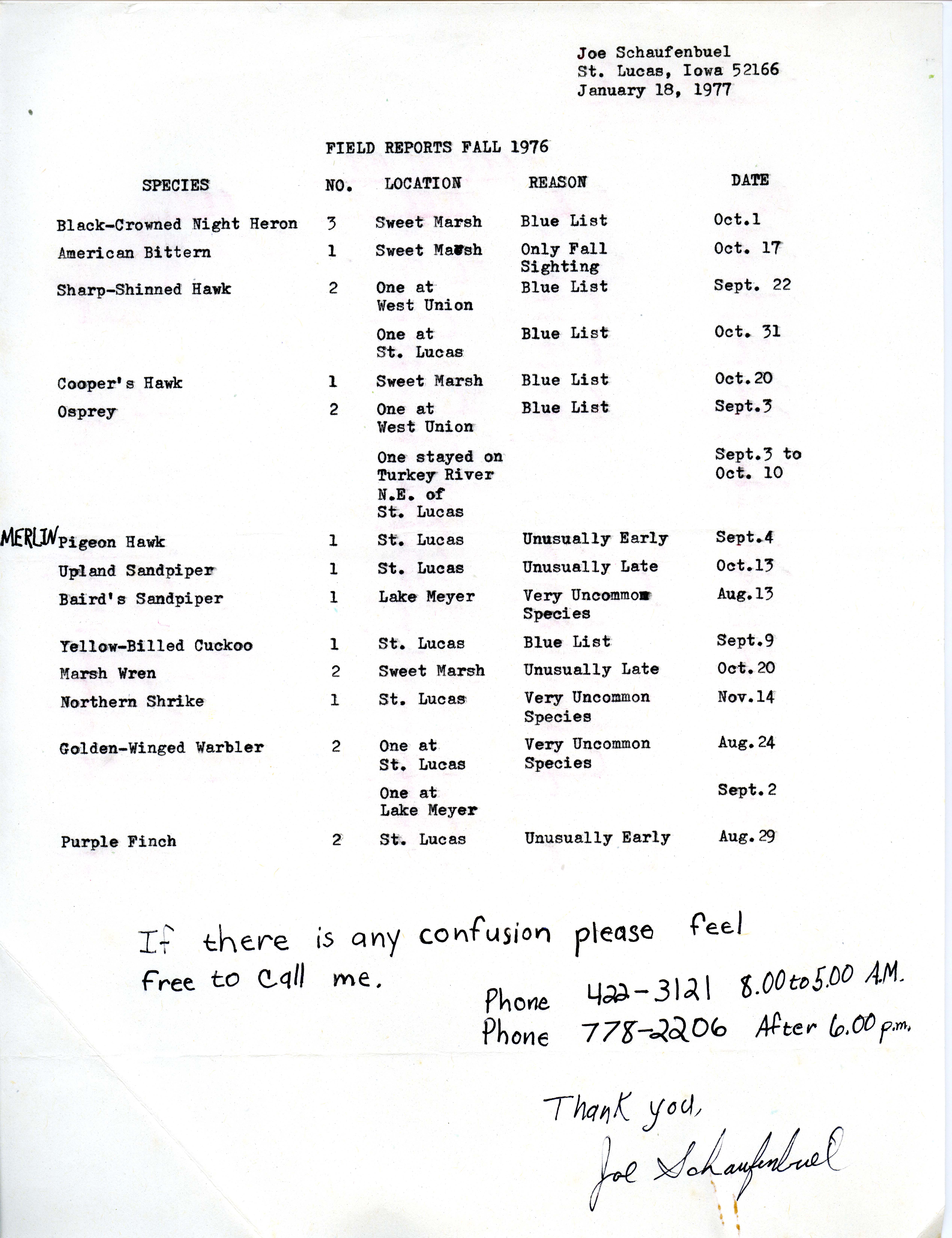 Field reports fall, 1976