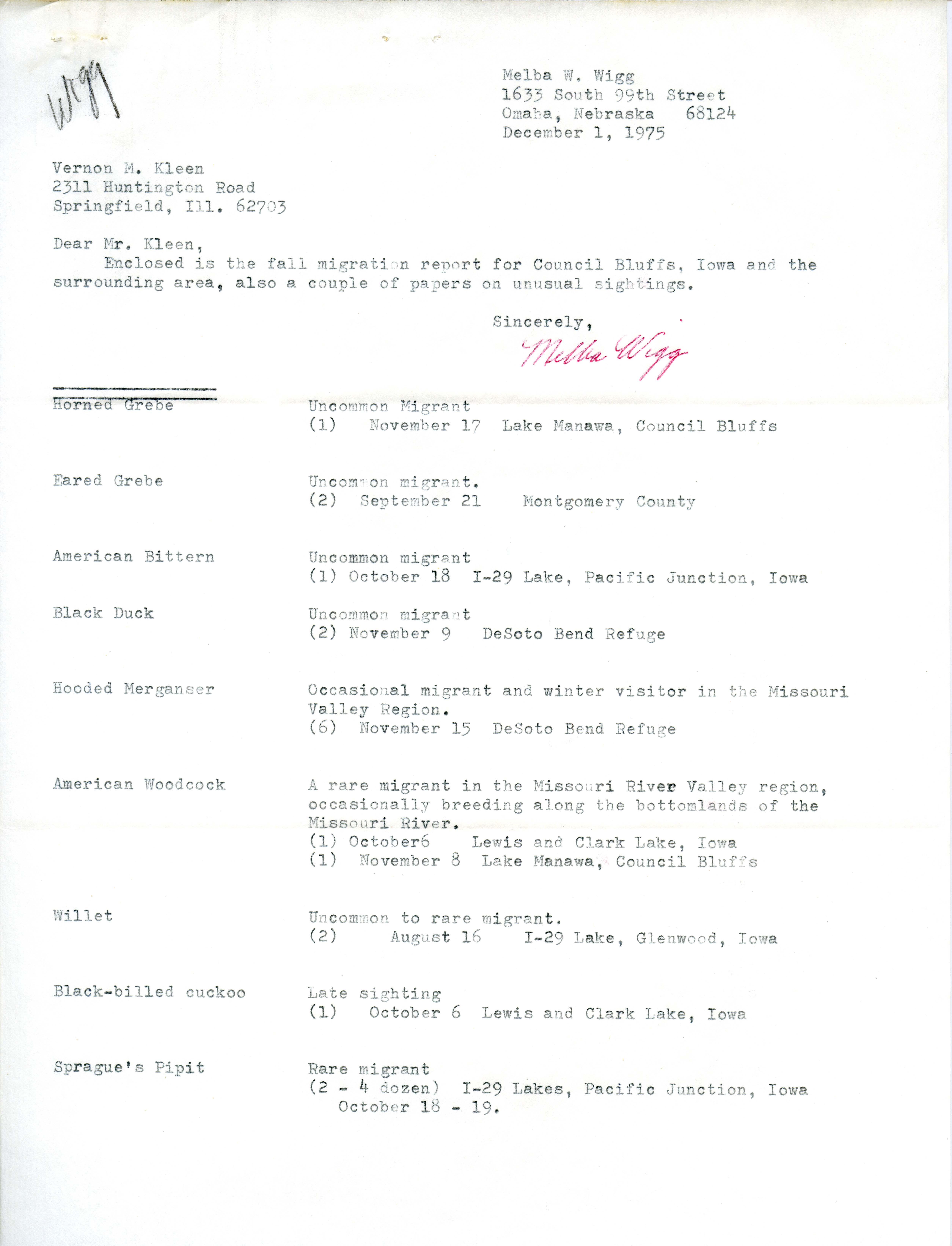Melba Wigg letter and report to Vernon M. Kleen regarding 1975 fall migration around Council Bluffs Iowa, December 1, 1975
