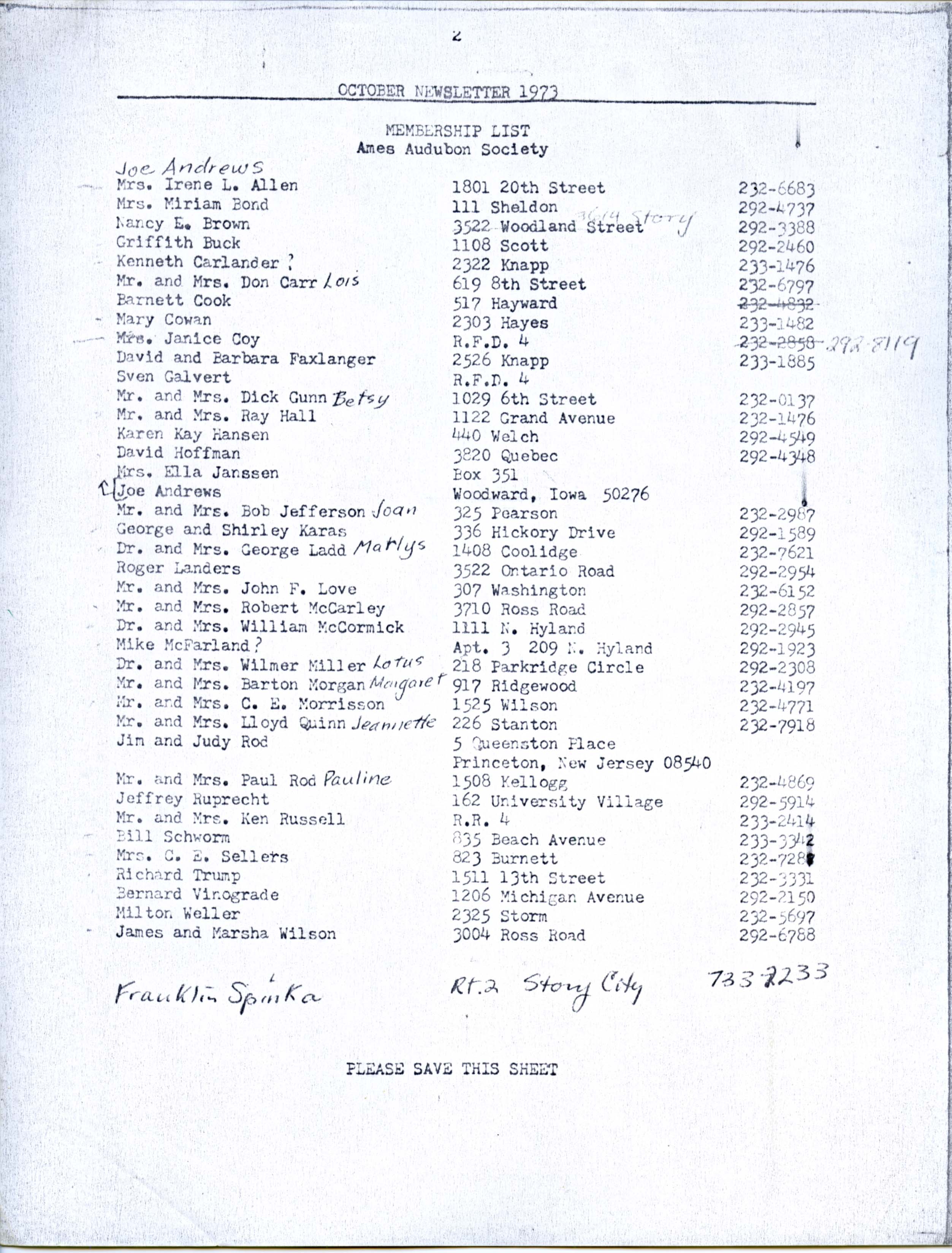 Ames Audubon Society membership list, October 1973