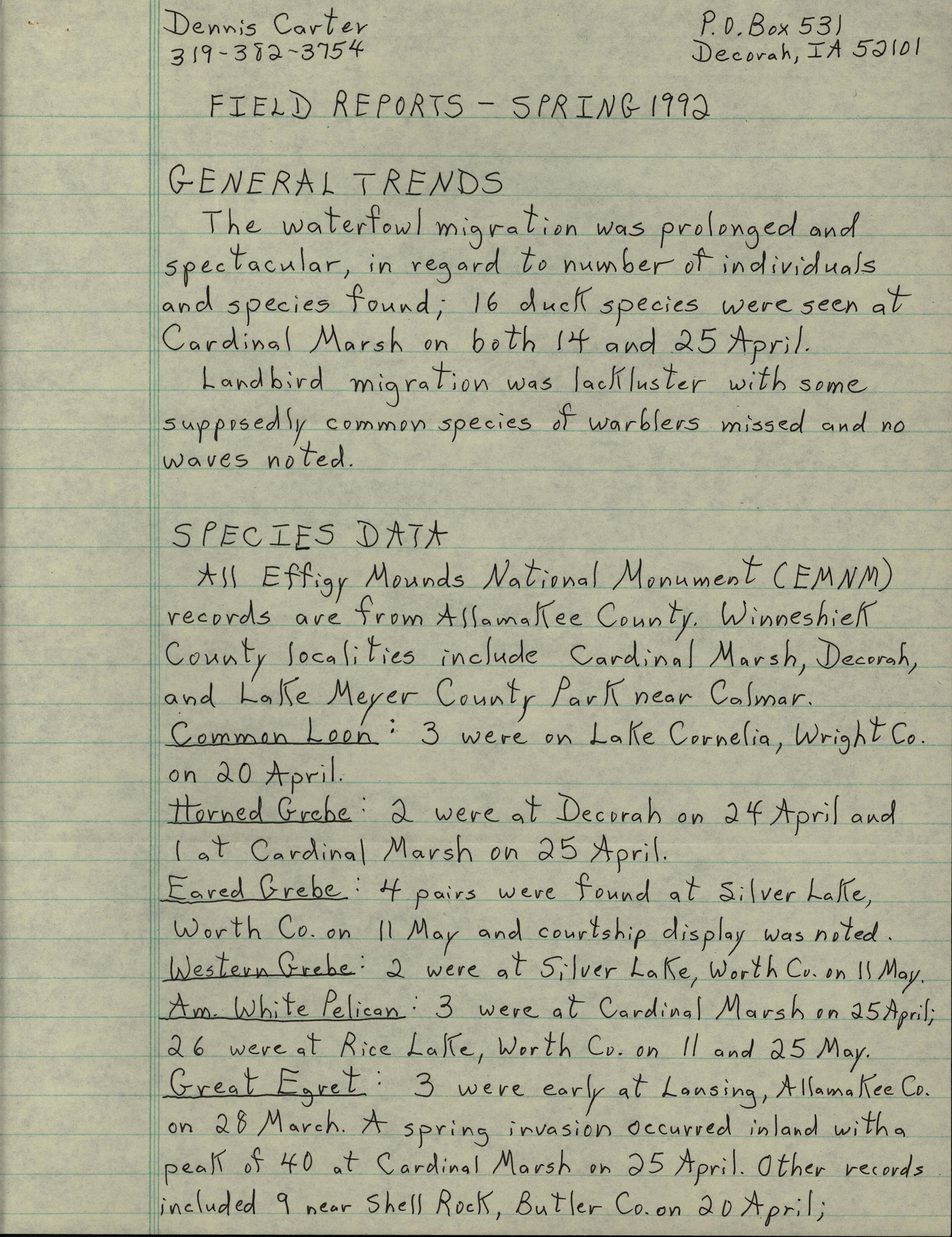 Field notes contributed by Dennis L. Carter, spring 1992