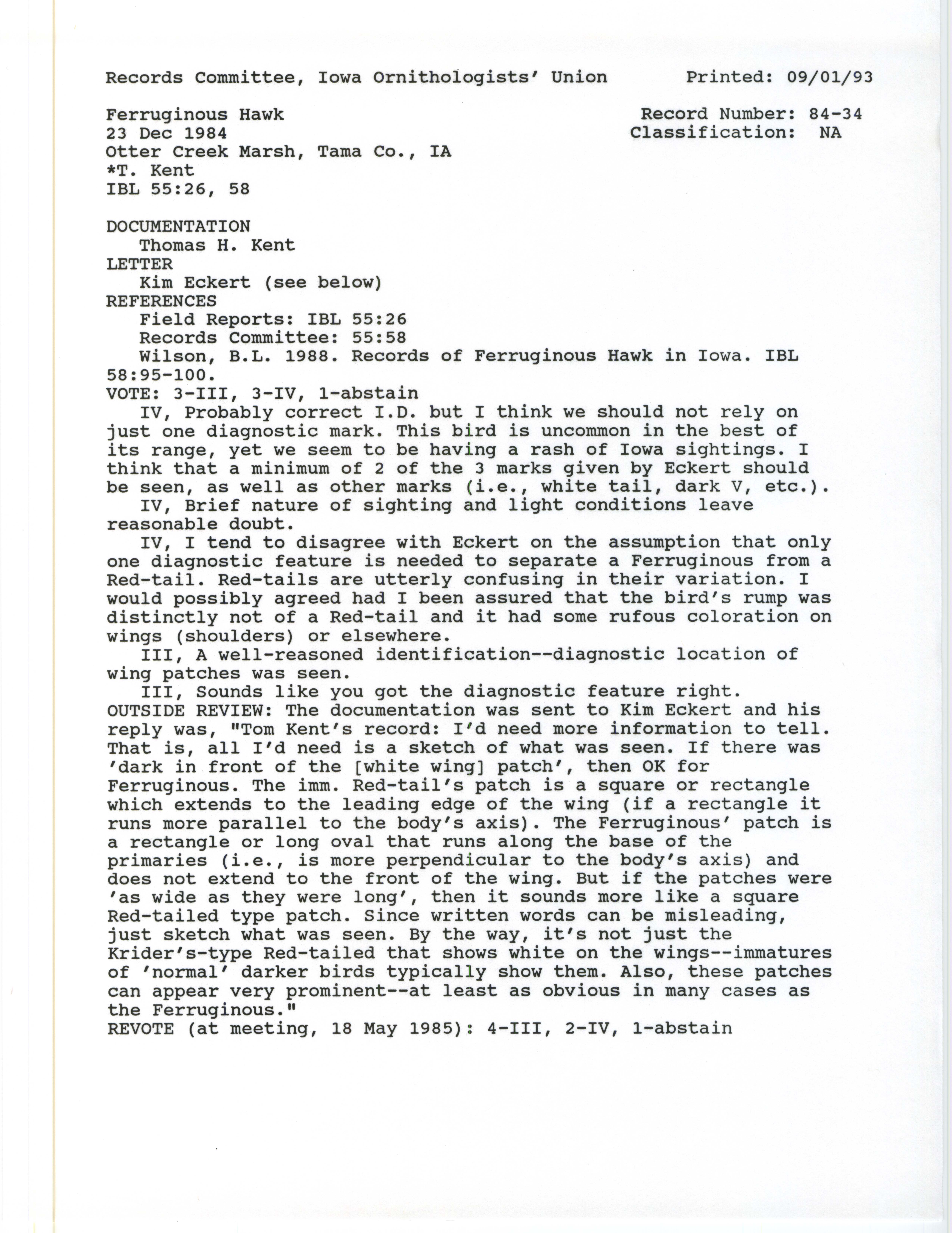 Records Committee review for rare bird sighting of Ferruginous Hawk at Otter Creek Marsh, 1984