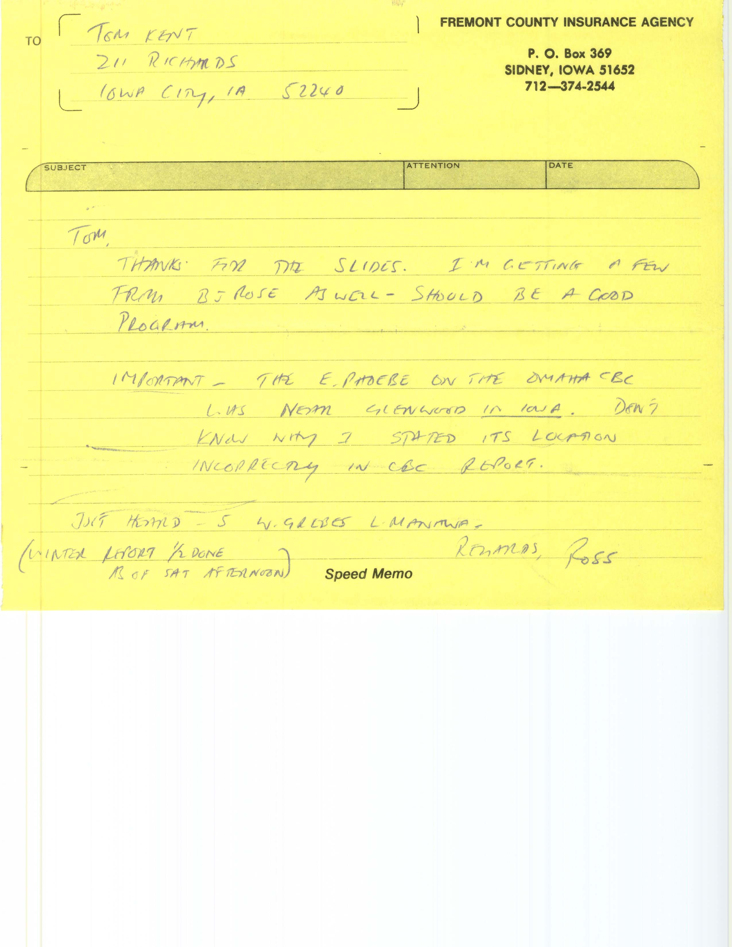 Ross Silcock memo to Thomas Kent regarding Eastern Phoebe sighting, Winter 1986-87
