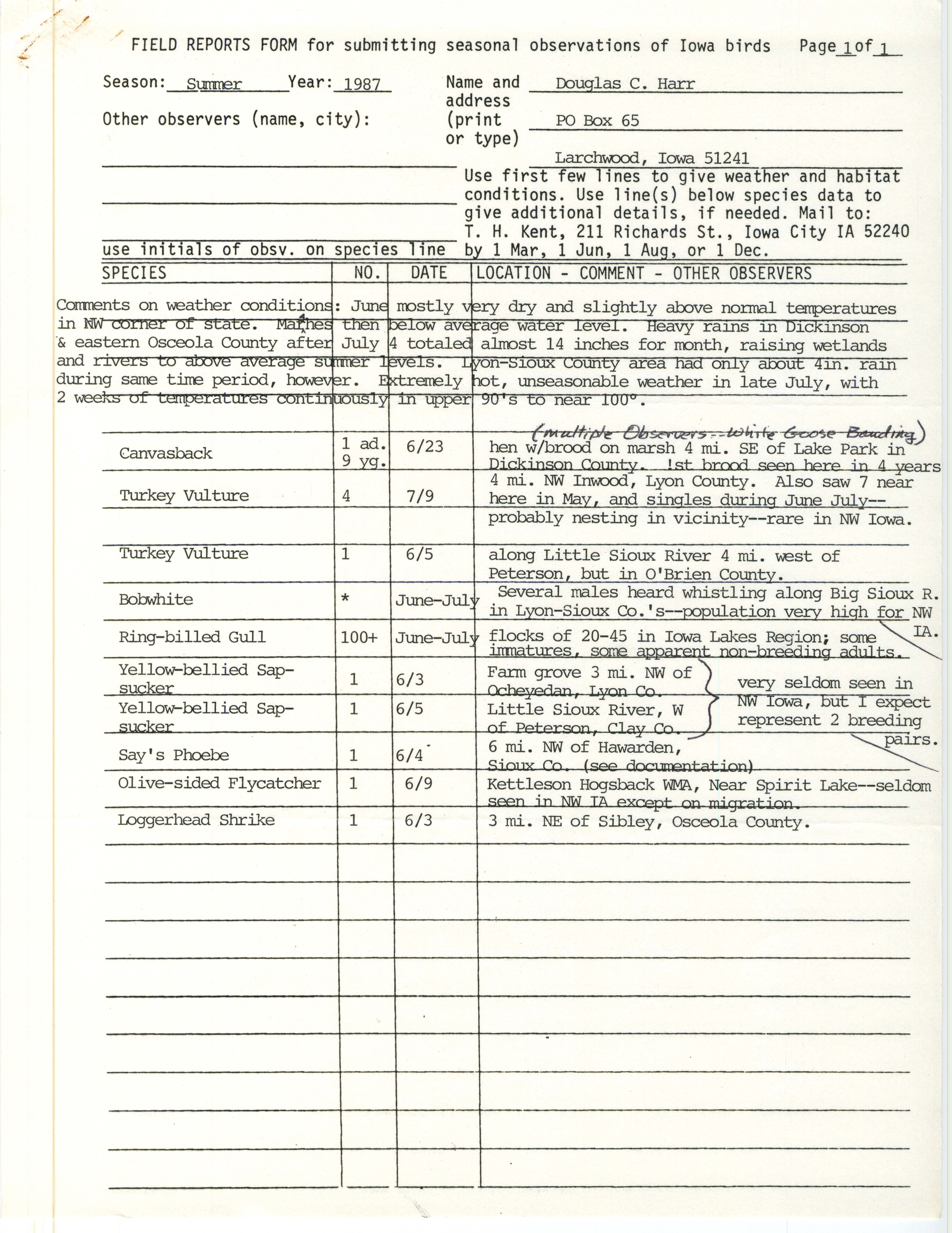 Field reports form for submitting seasonal observations of Iowa birds, Douglas C. Harr, summer 1987
