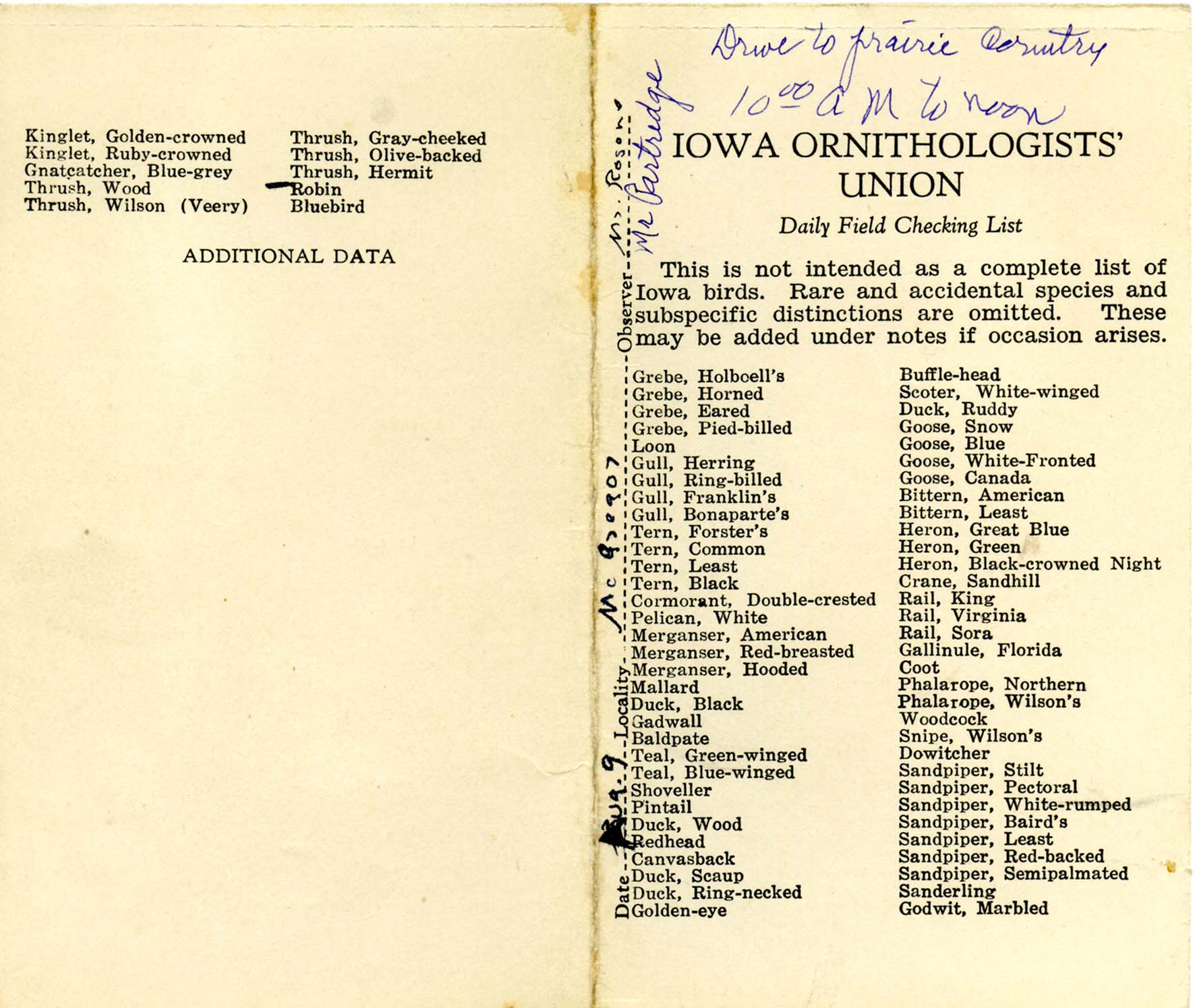 Daily field checking list, Walter Rosene, August 9, 1935