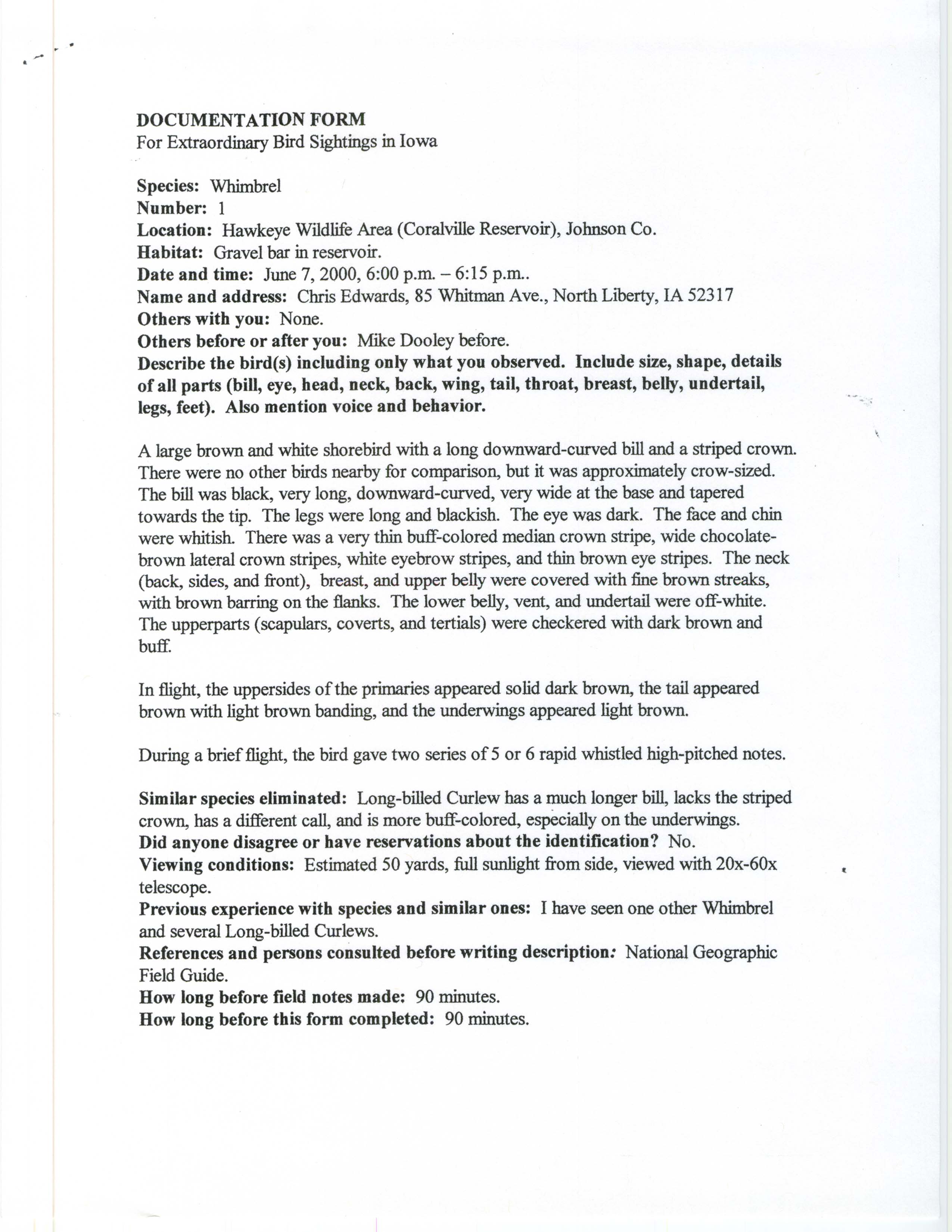 Documentation form for extraordinary bird sightings in Iowa, Whimbrel, Chris Edwards, June 7, 2000