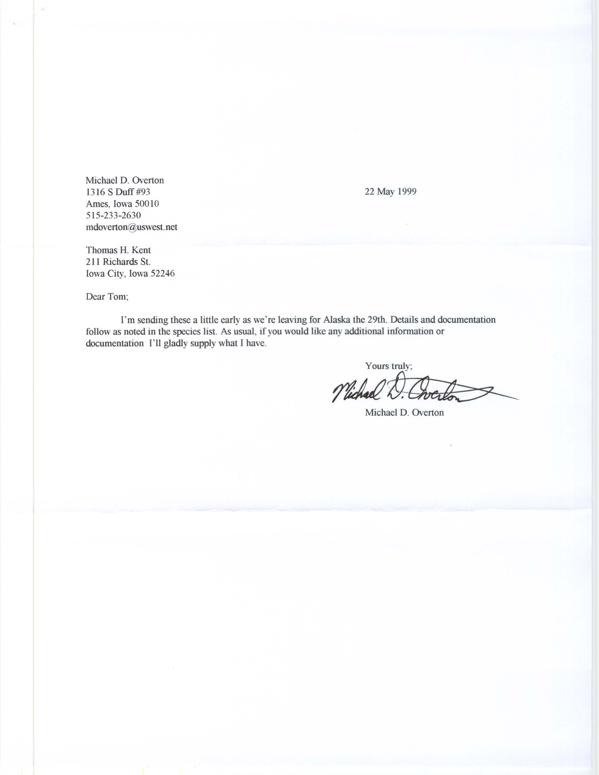 Michael Overton letter to Thomas Kent regarding field reports, May 22, 1999